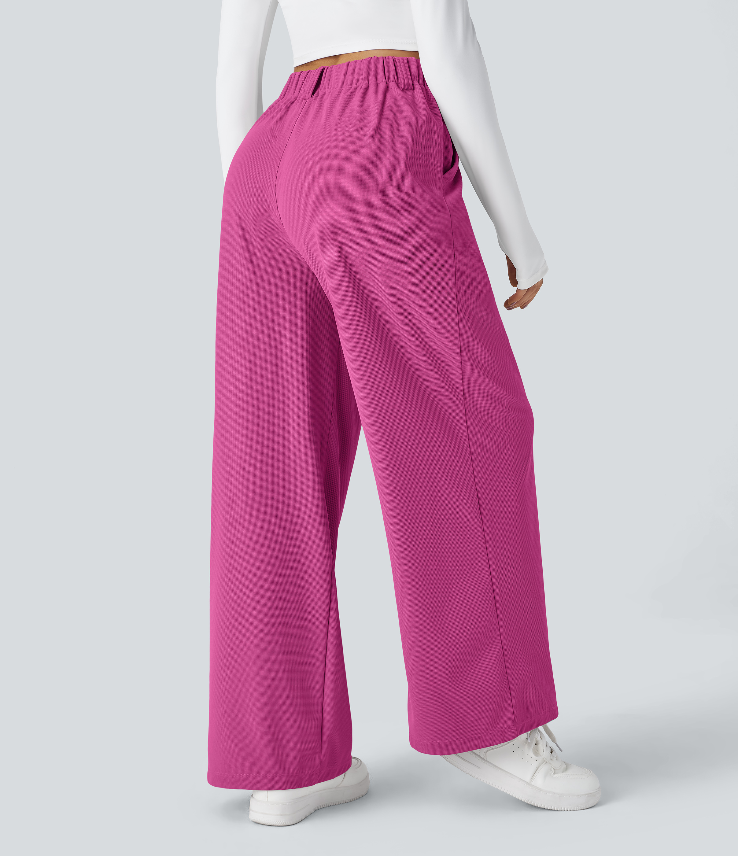 Fuchsia Fedora High-Waisted Pleated Wide-Leg Waffle Work Pants with Pockets - 2