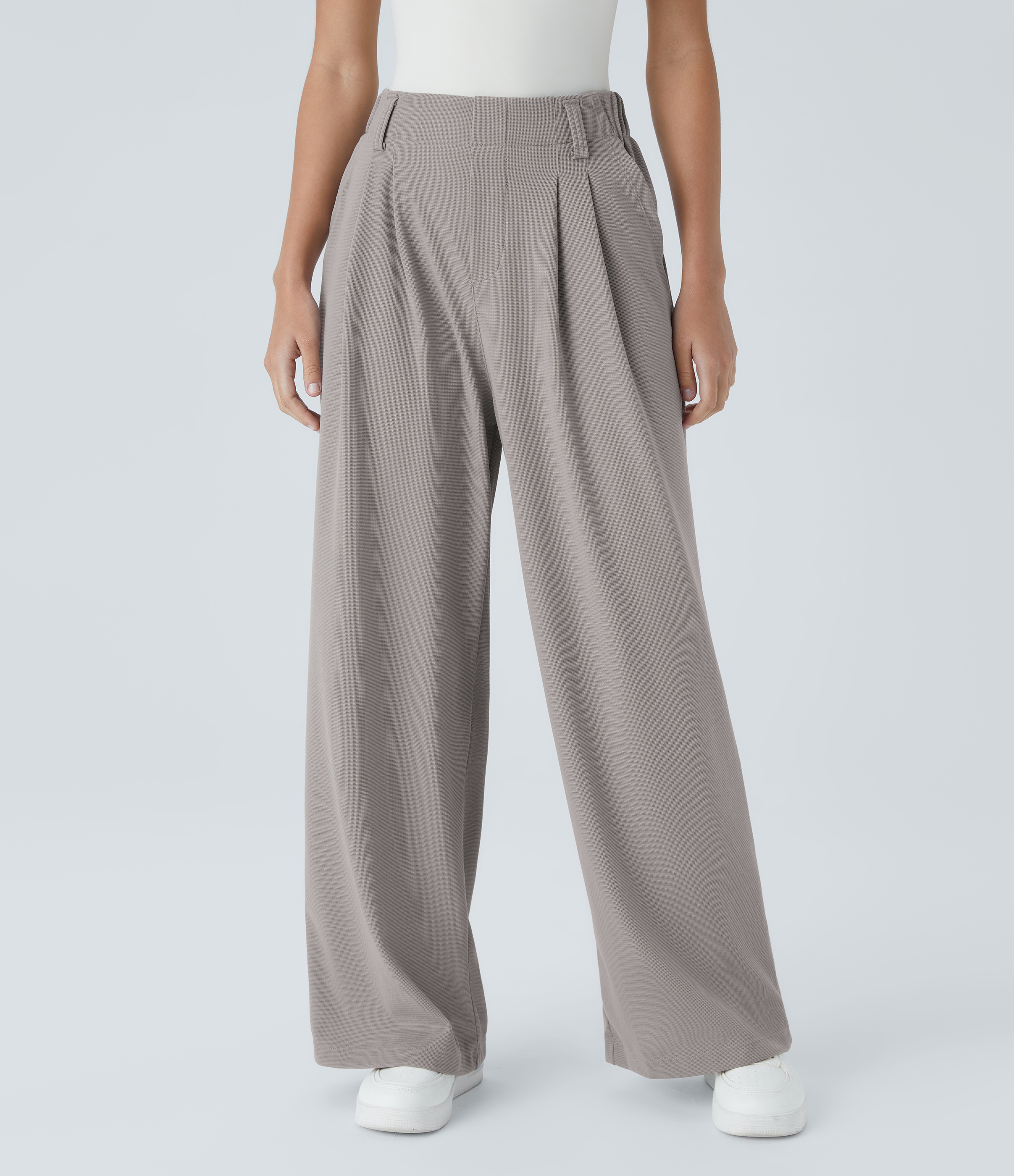 Mink Ash High-Waisted Pleated Wide-Leg Waffle Work Pants with Pockets - 3