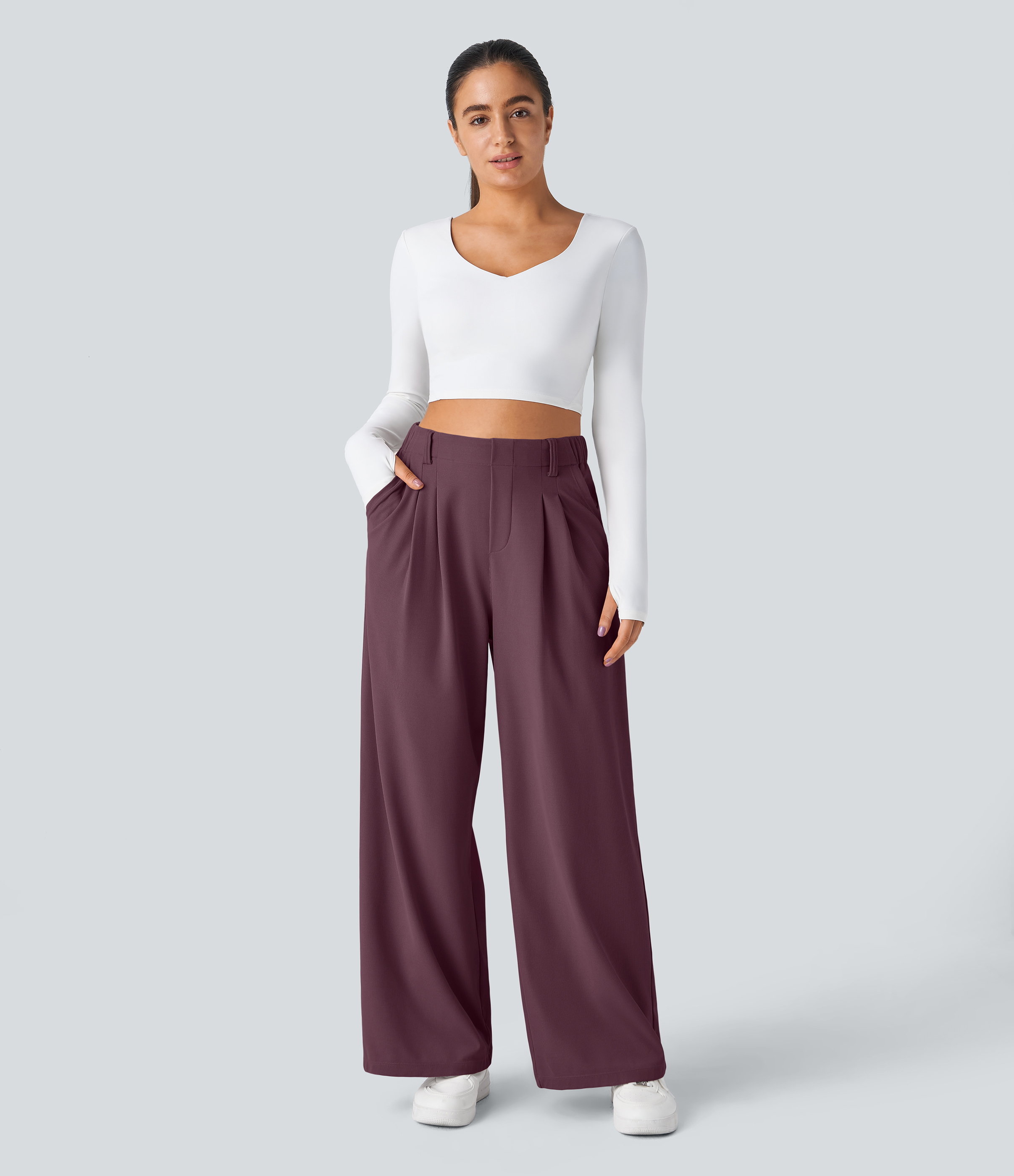 Plum Wine High-Waisted Pleated Wide-Leg Waffle Work Pants with Pockets - 5