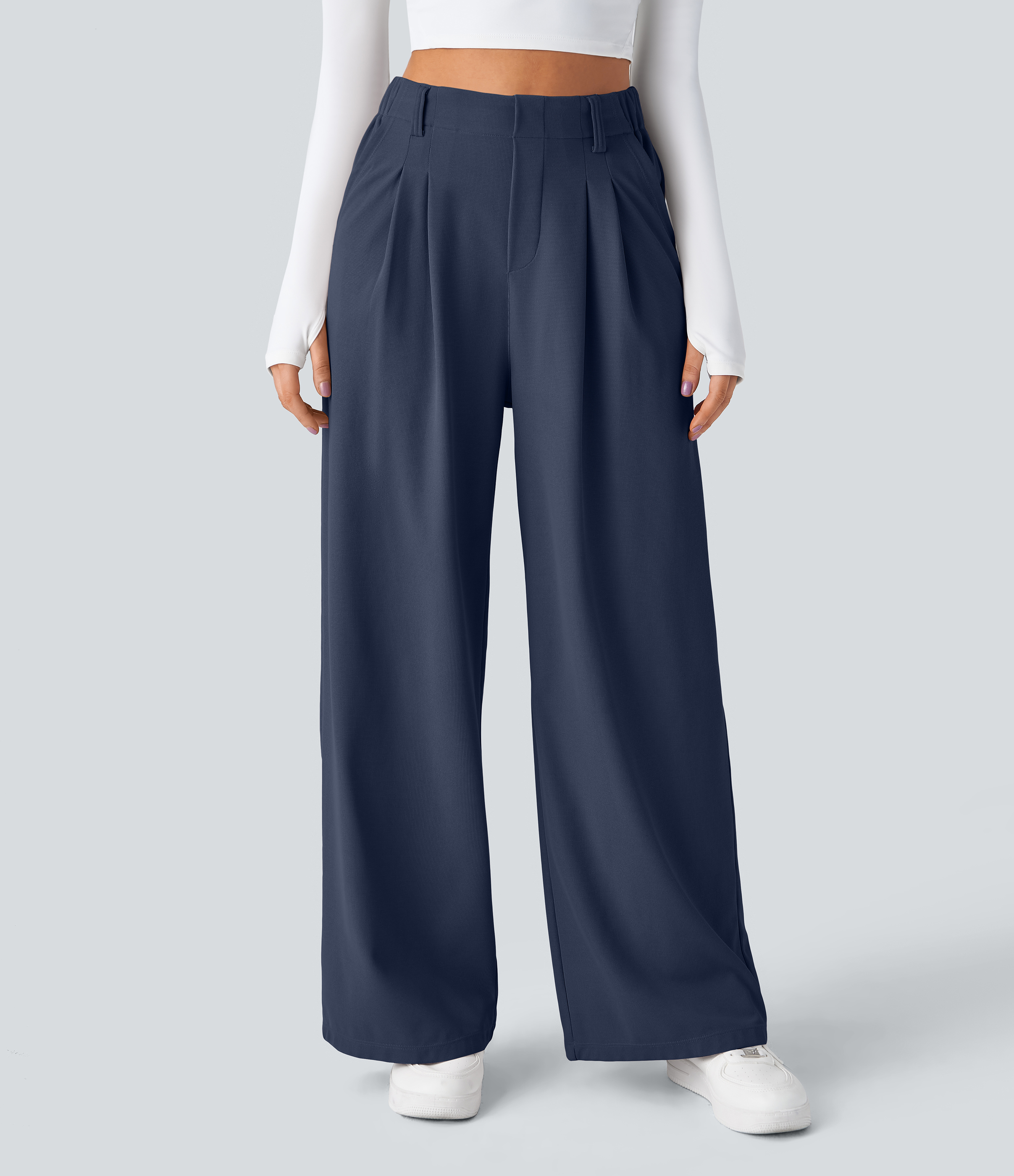Harbor Ink High-Waisted Pleated Wide-Leg Waffle Work Pants with Pockets - 1