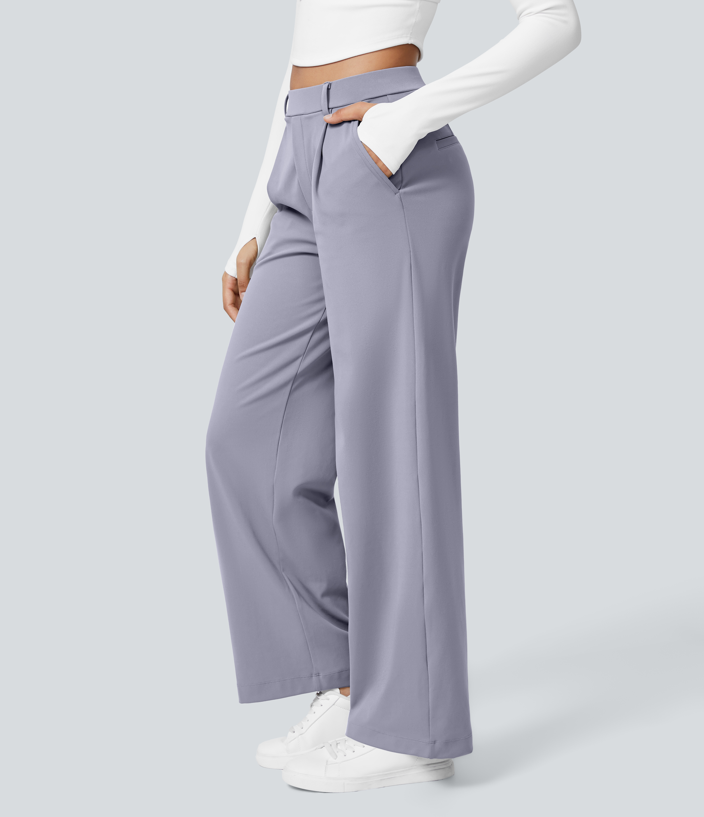 Icelandic Blue High Waisted Pleated Straight Leg Work Pants with Pockets - 3