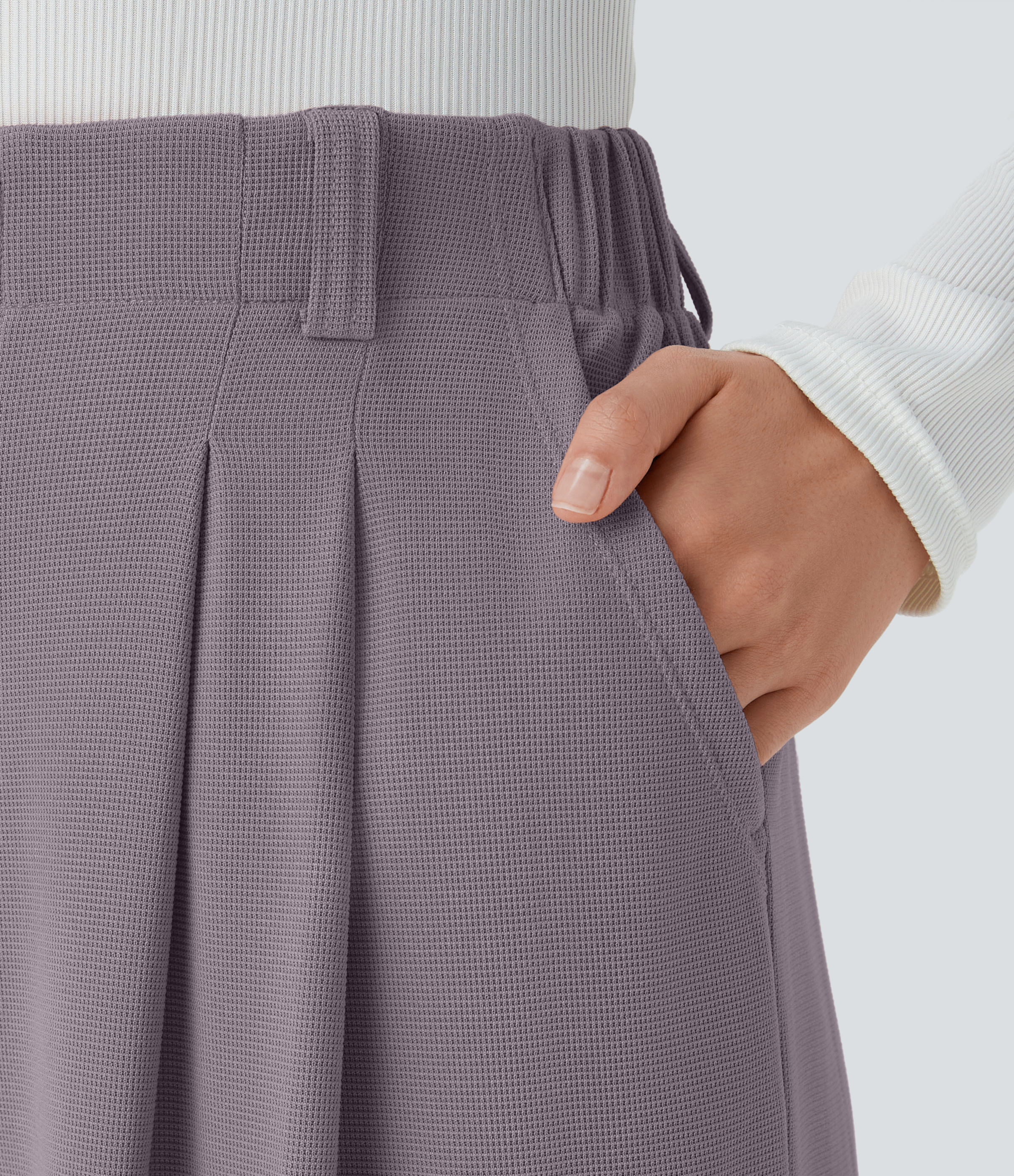 Hibiscus Purple High-Waisted Pleated Wide-Leg Waffle Work Pants with Pockets - 4
