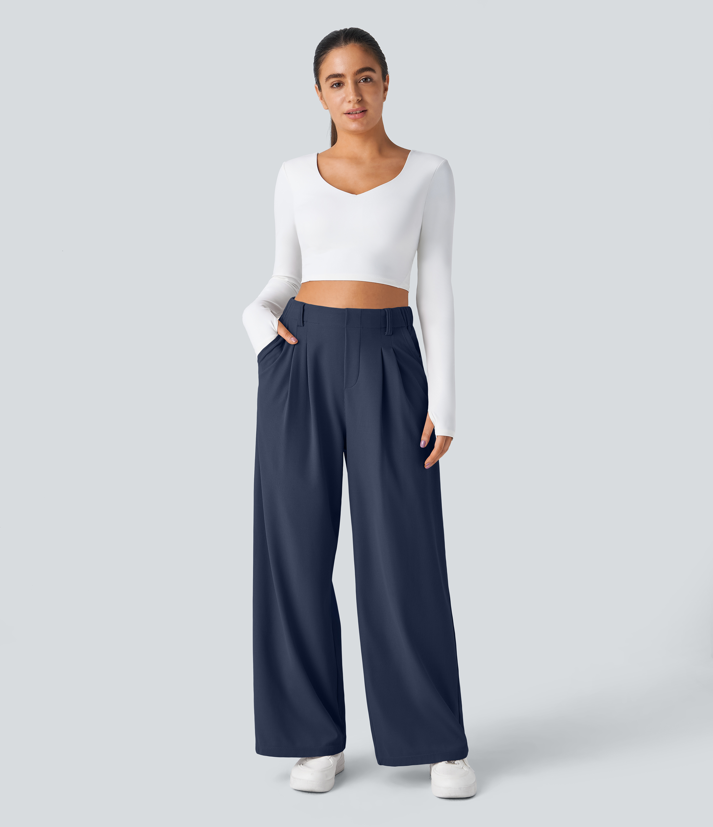 Harbor Ink High-Waisted Pleated Wide-Leg Waffle Work Pants with Pockets - 5