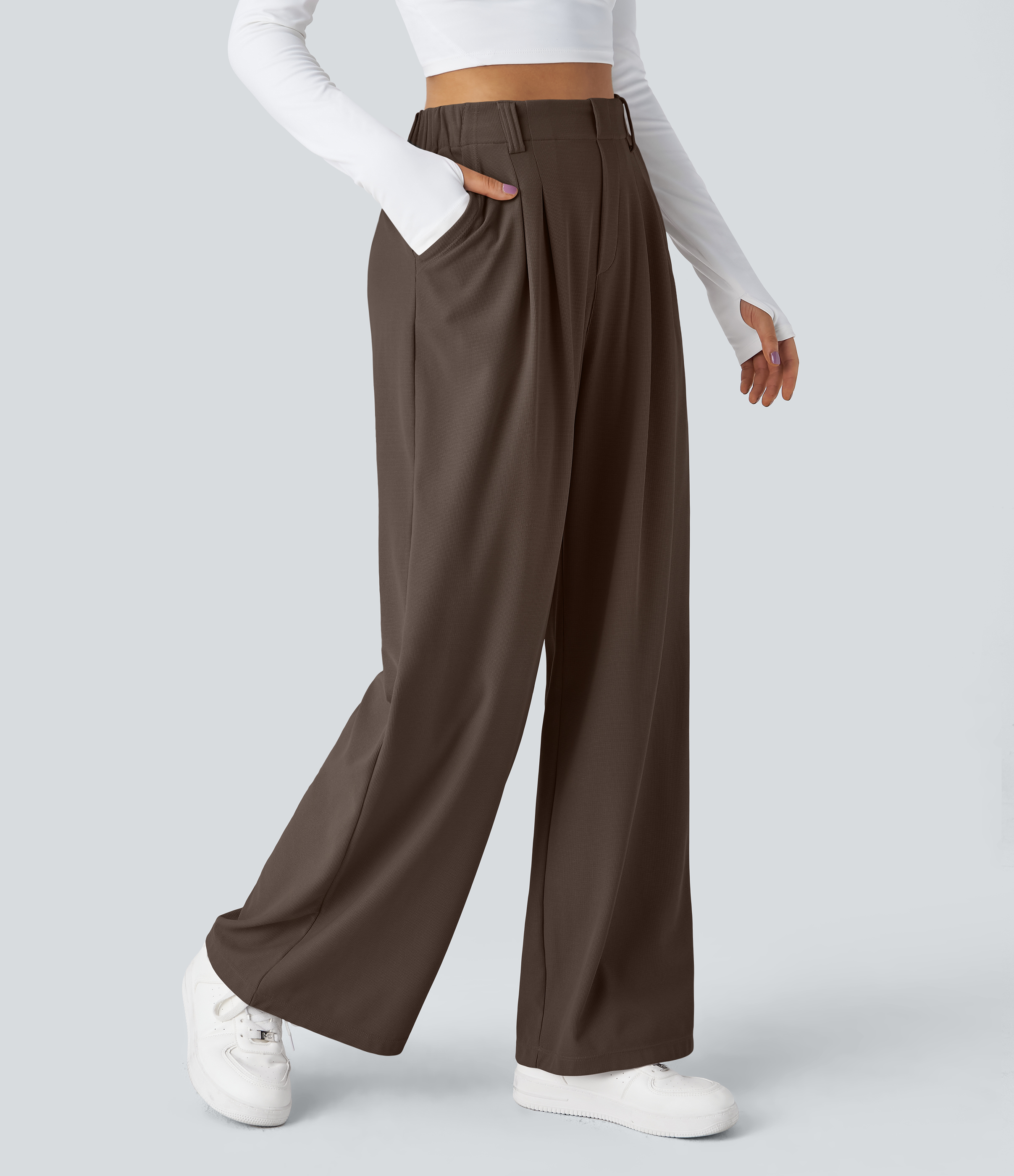 Chocolate Martini High-Waisted Pleated Wide-Leg Waffle Work Pants with Pockets - 1