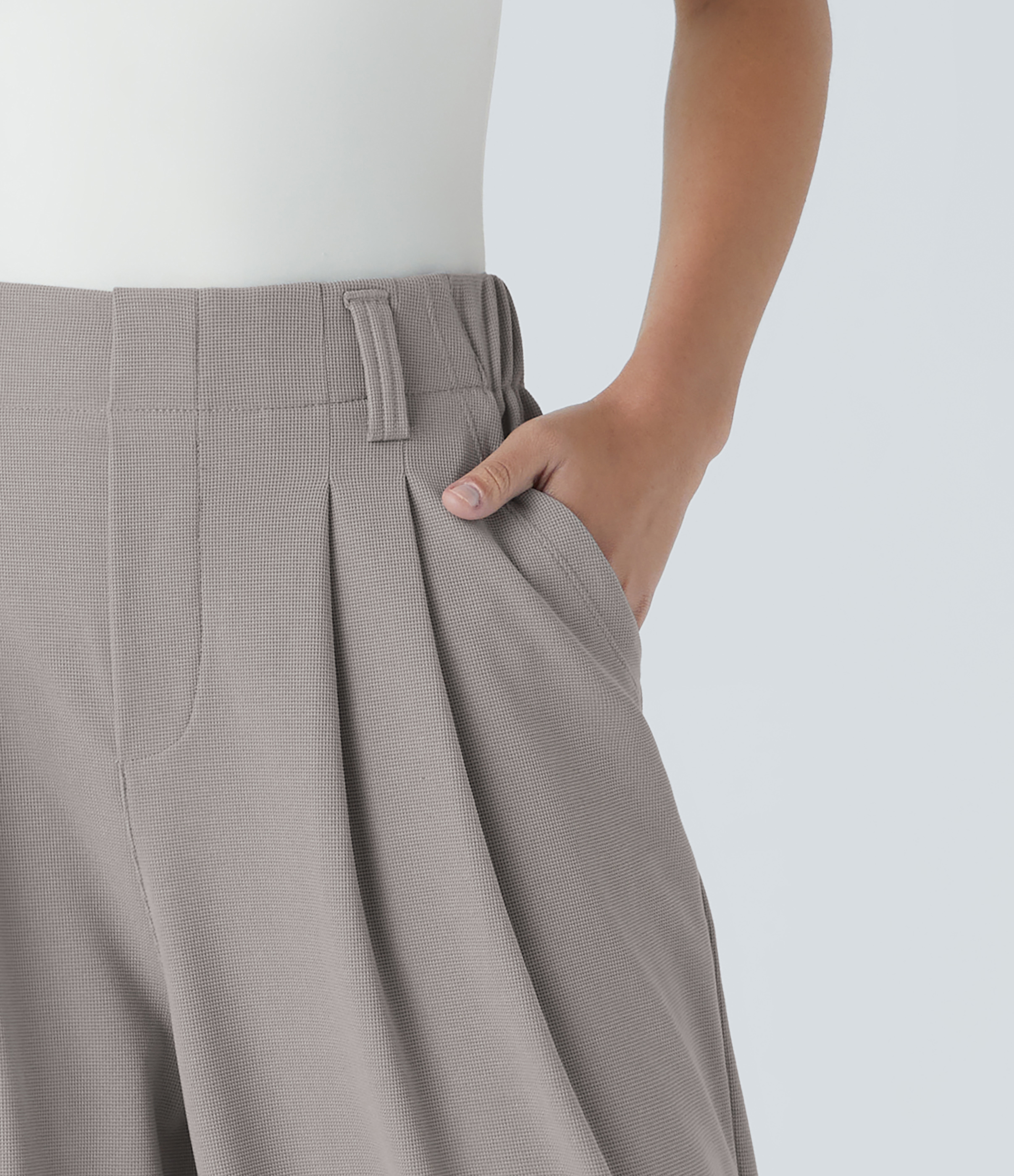 Mink Ash High-Waisted Pleated Wide-Leg Waffle Work Pants with Pockets - 5