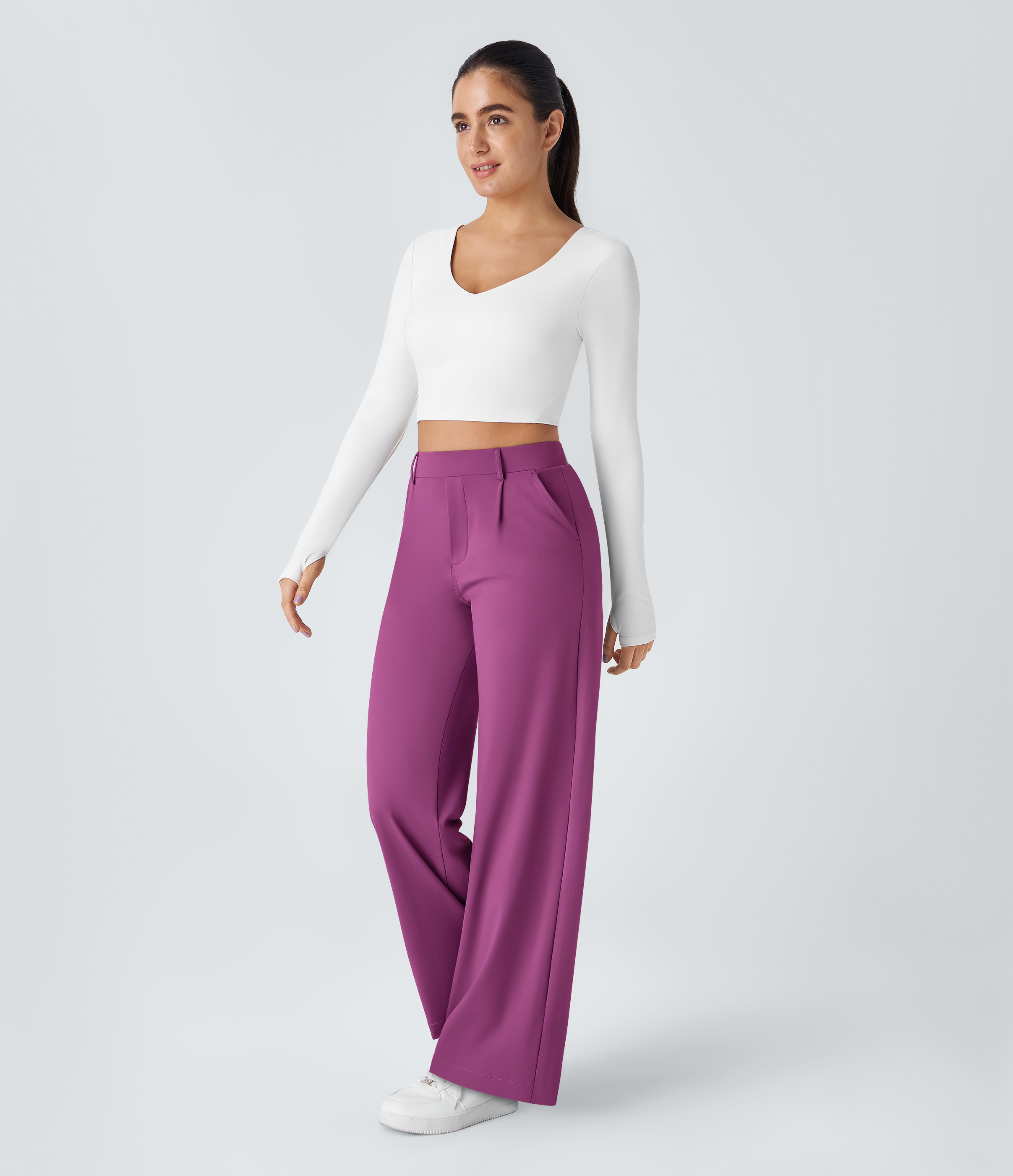 Deep Orchid High Waisted Pleated Straight Leg Work Pants with Pockets - 6