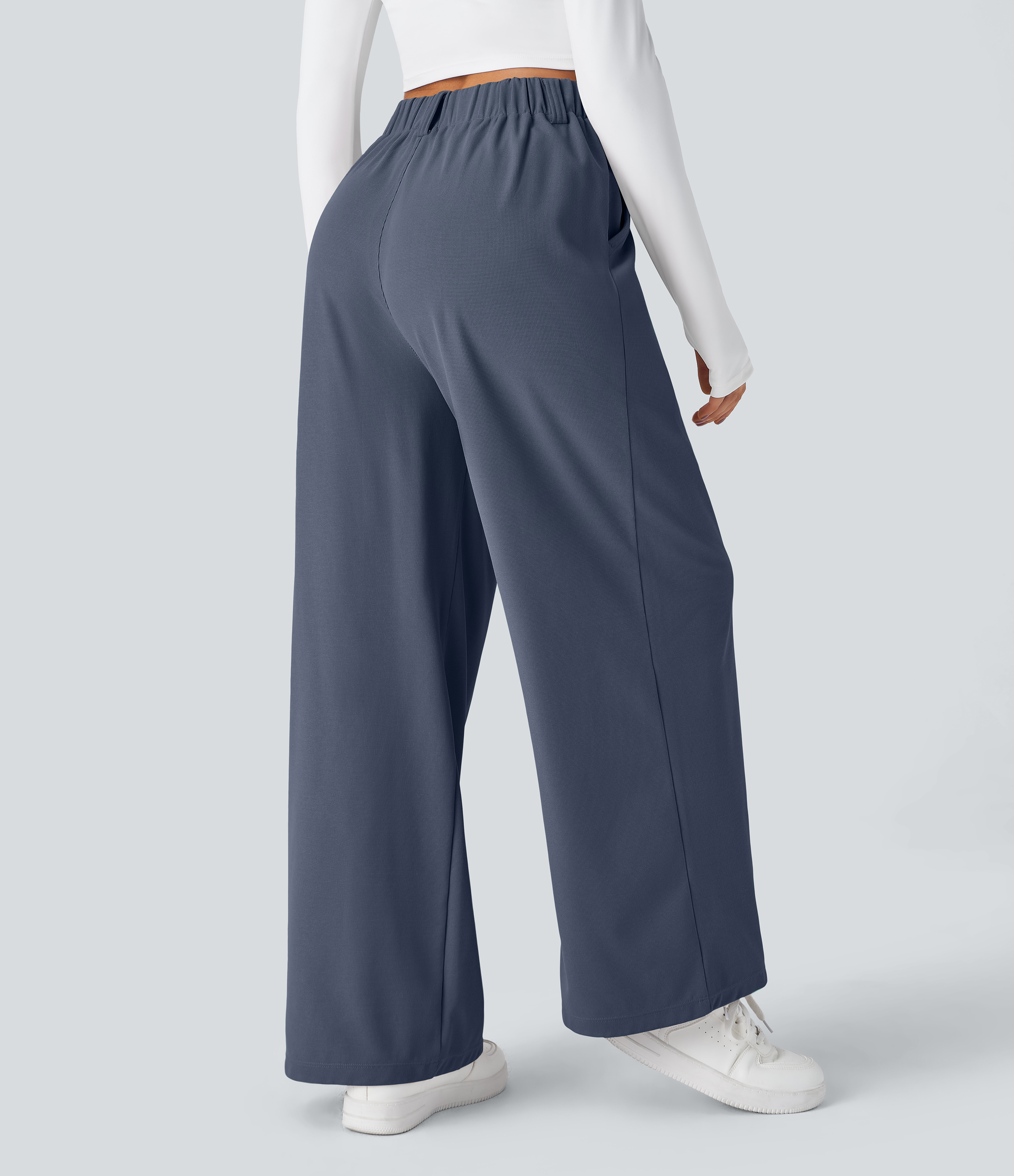 Grisaille High-Waisted Pleated Wide-Leg Waffle Work Pants with Pockets - 2