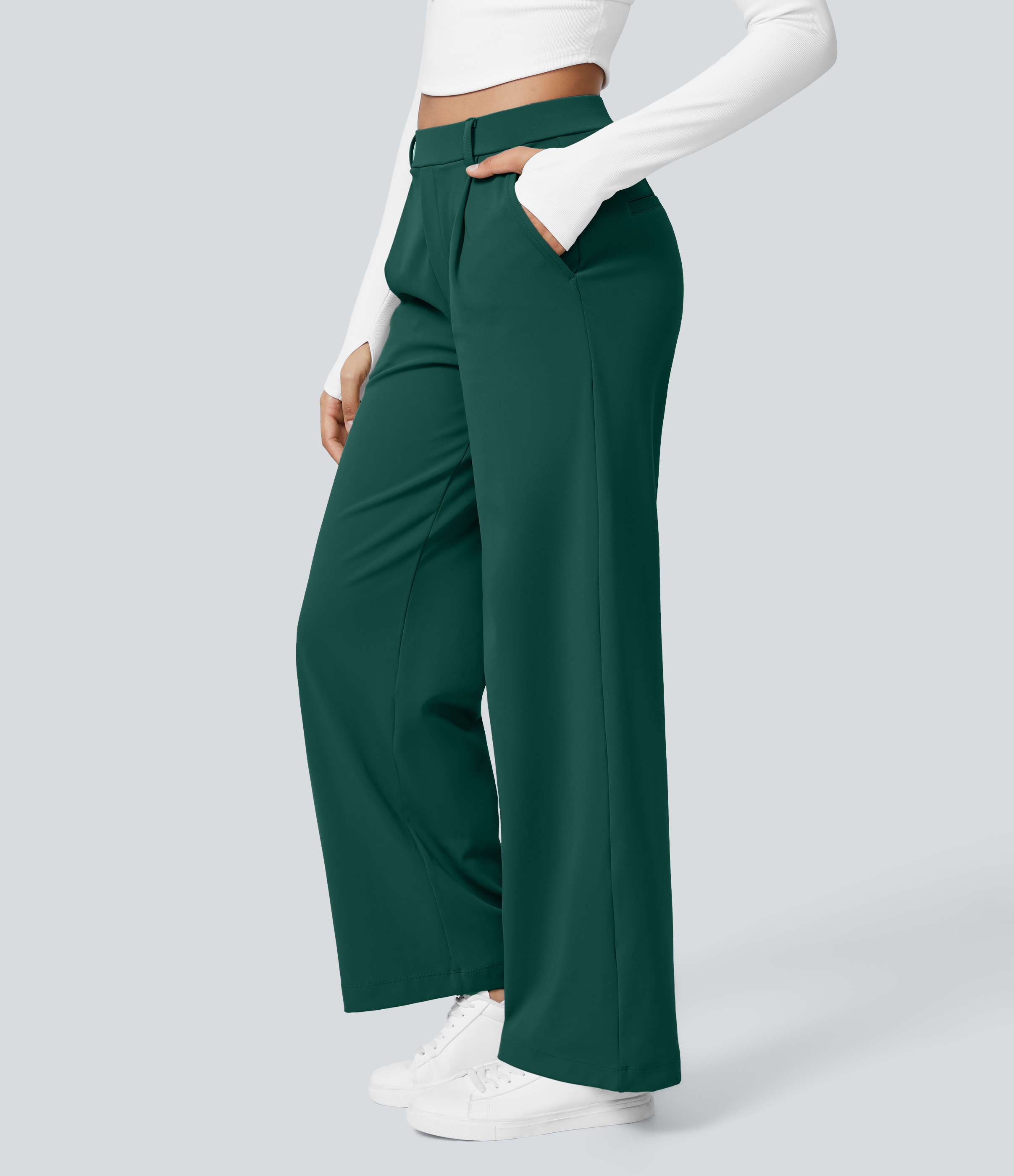 Rain Forest High Waisted Pleated Straight Leg Work Pants with Pockets - 3