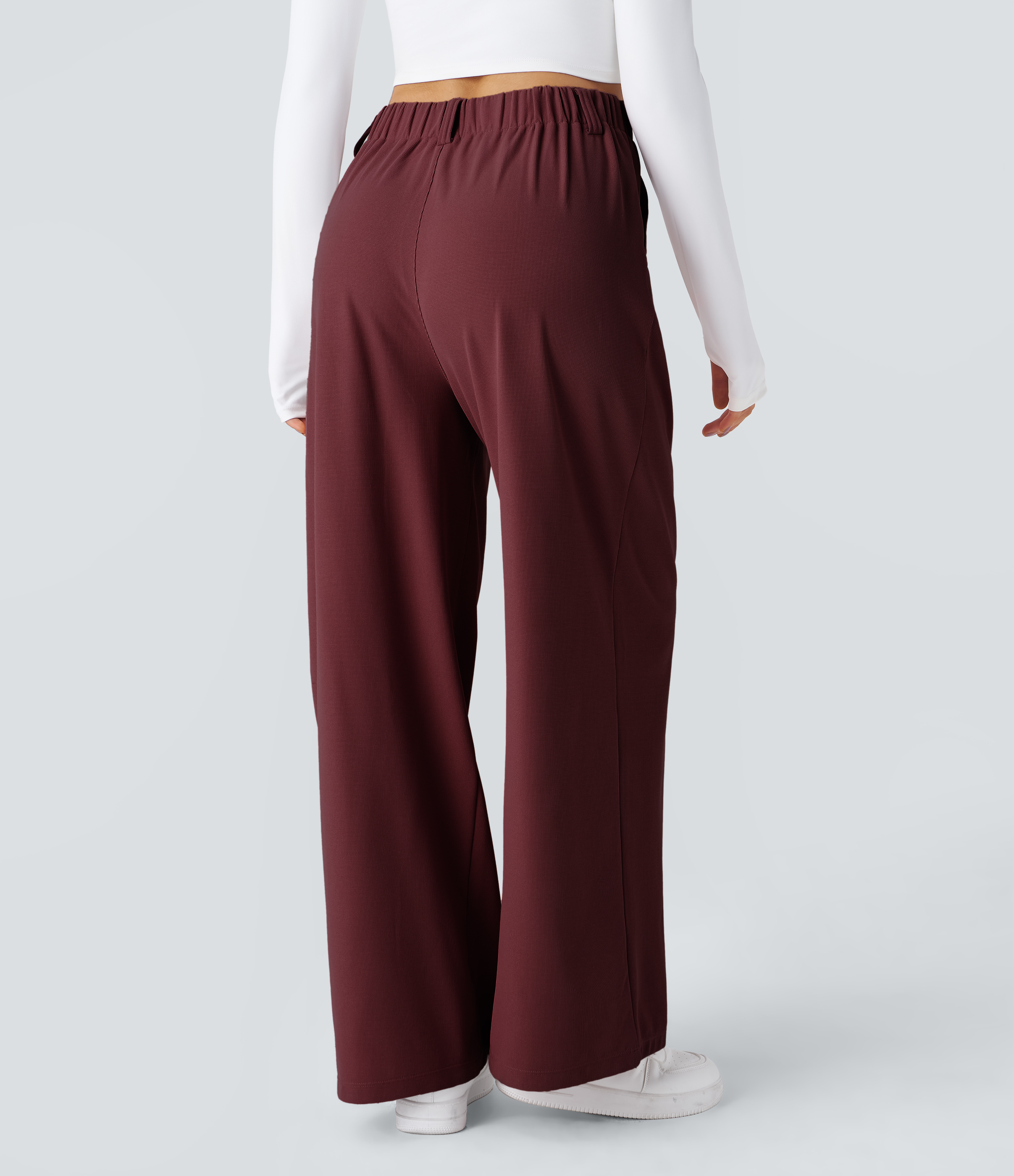 New Maroon High-Waisted Pleated Wide-Leg Waffle Work Pants with Pockets - 2