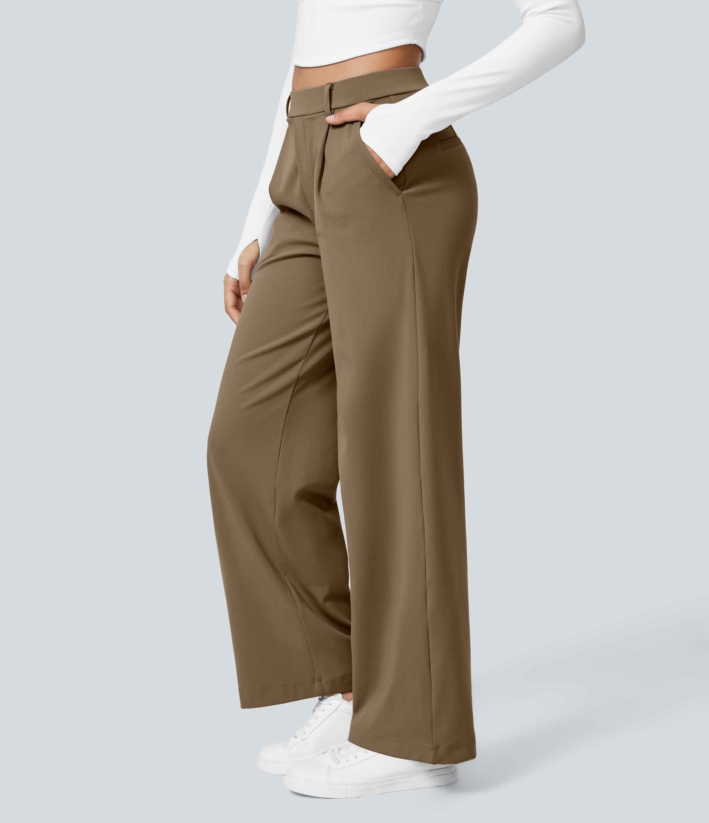 Sepia High Waisted Pleated Straight Leg Work Pants with Pockets - 3
