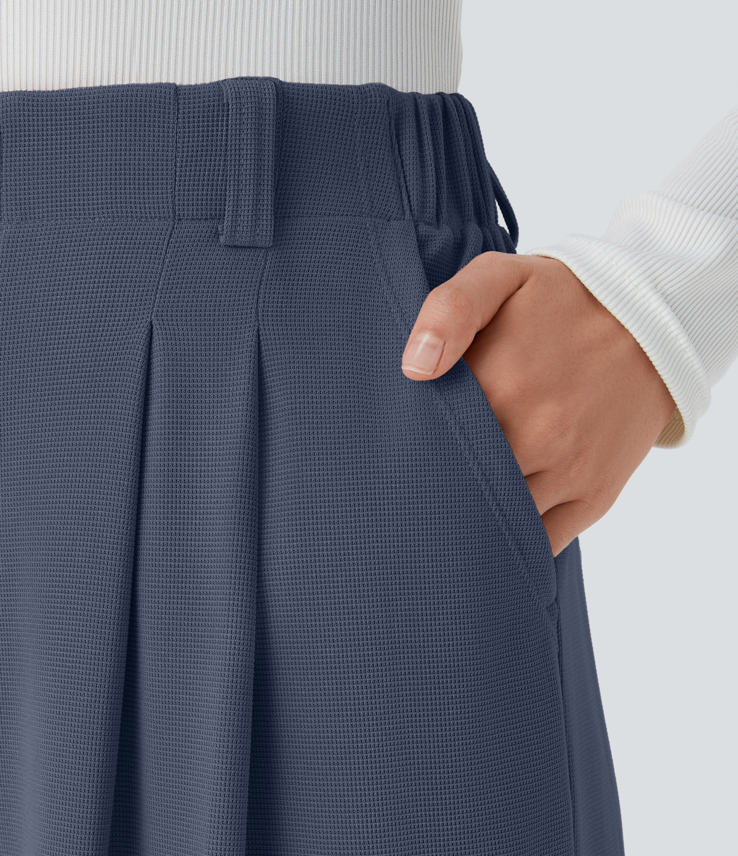Grisaille High-Waisted Pleated Wide-Leg Waffle Work Pants with Pockets - 4