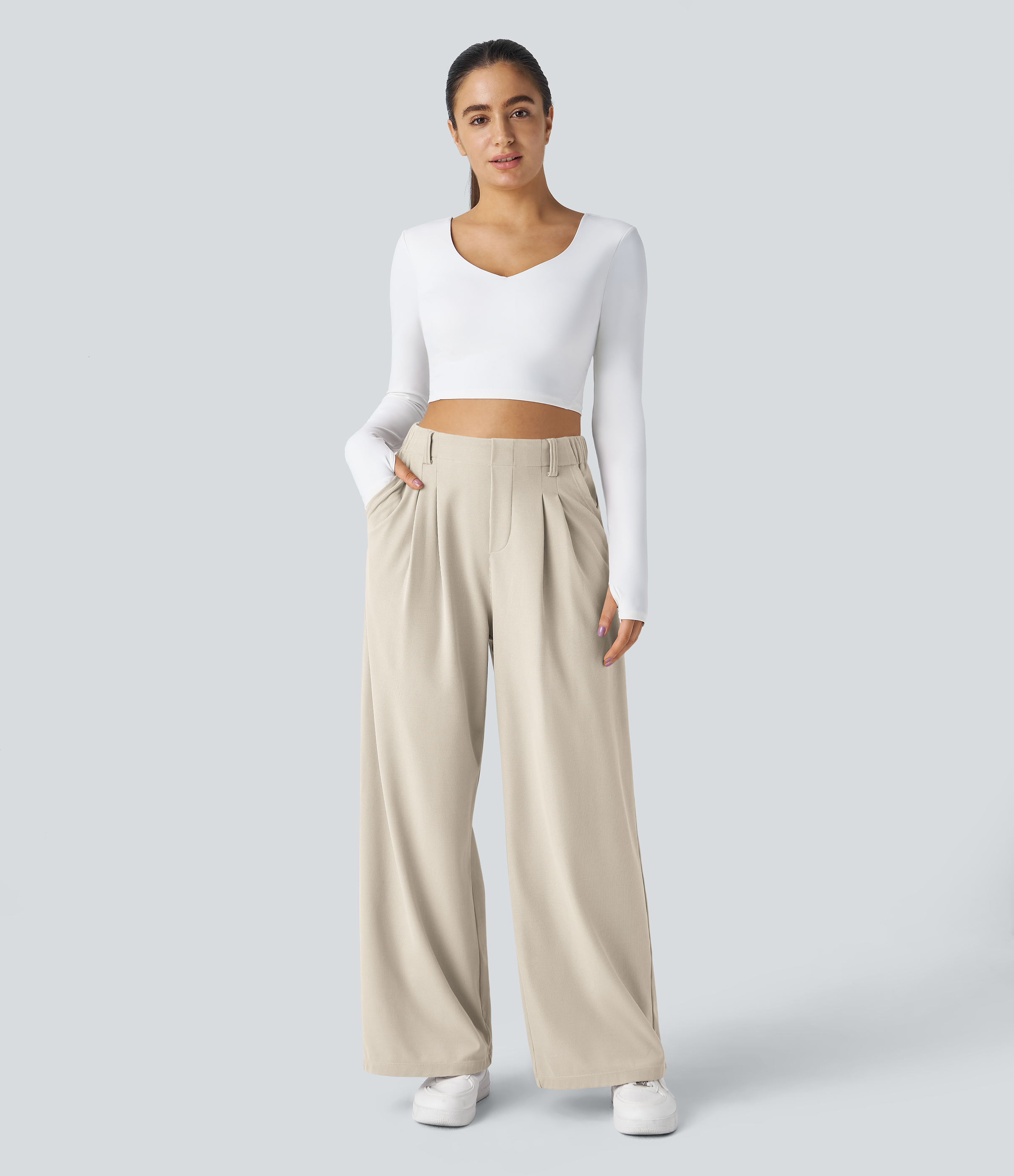 Buttermilk White High-Waisted Pleated Wide-Leg Waffle Work Pants with Pockets - 5
