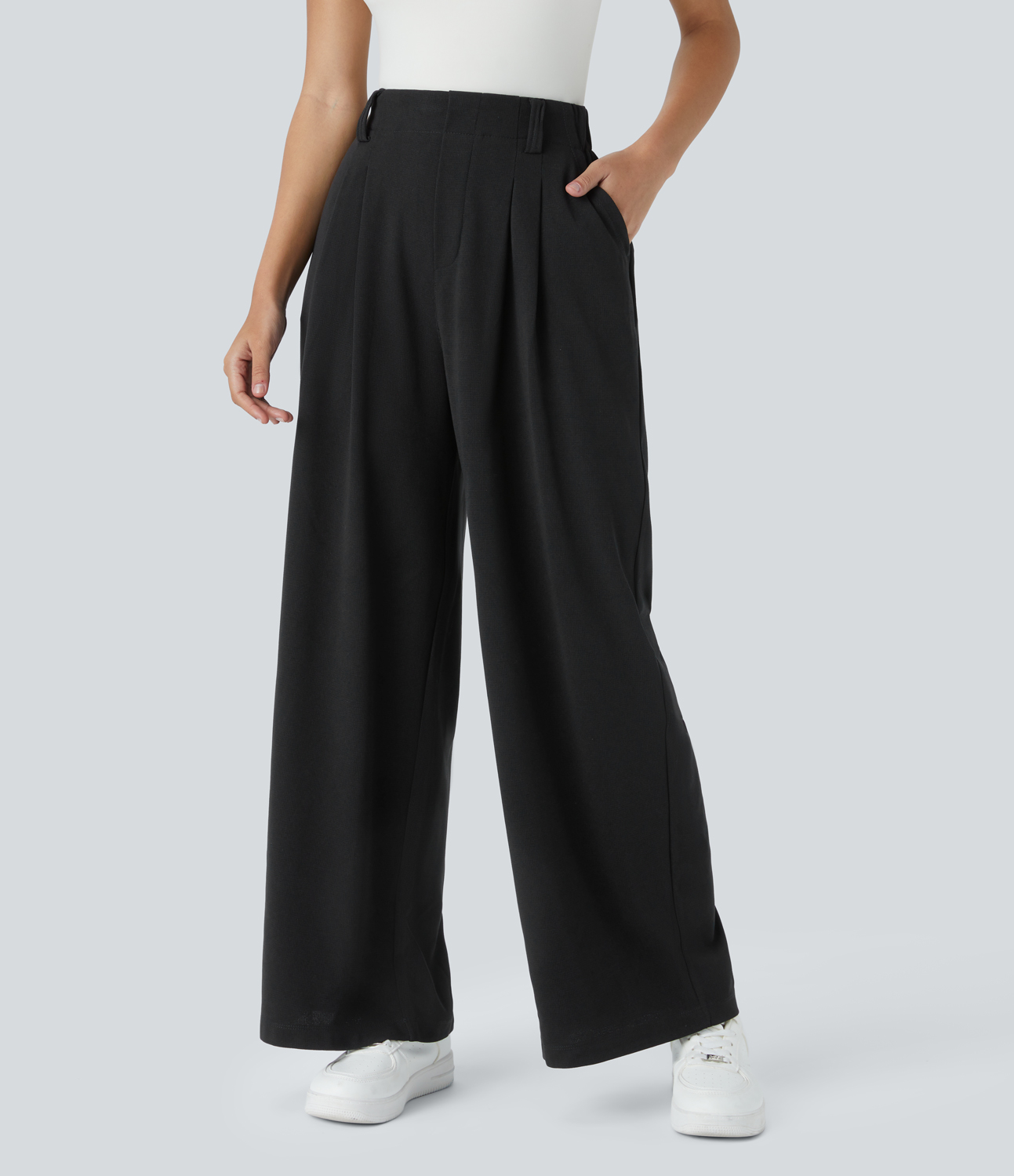 Black High-Waisted Pleated Wide-Leg Waffle Work Pants with Pockets - 1