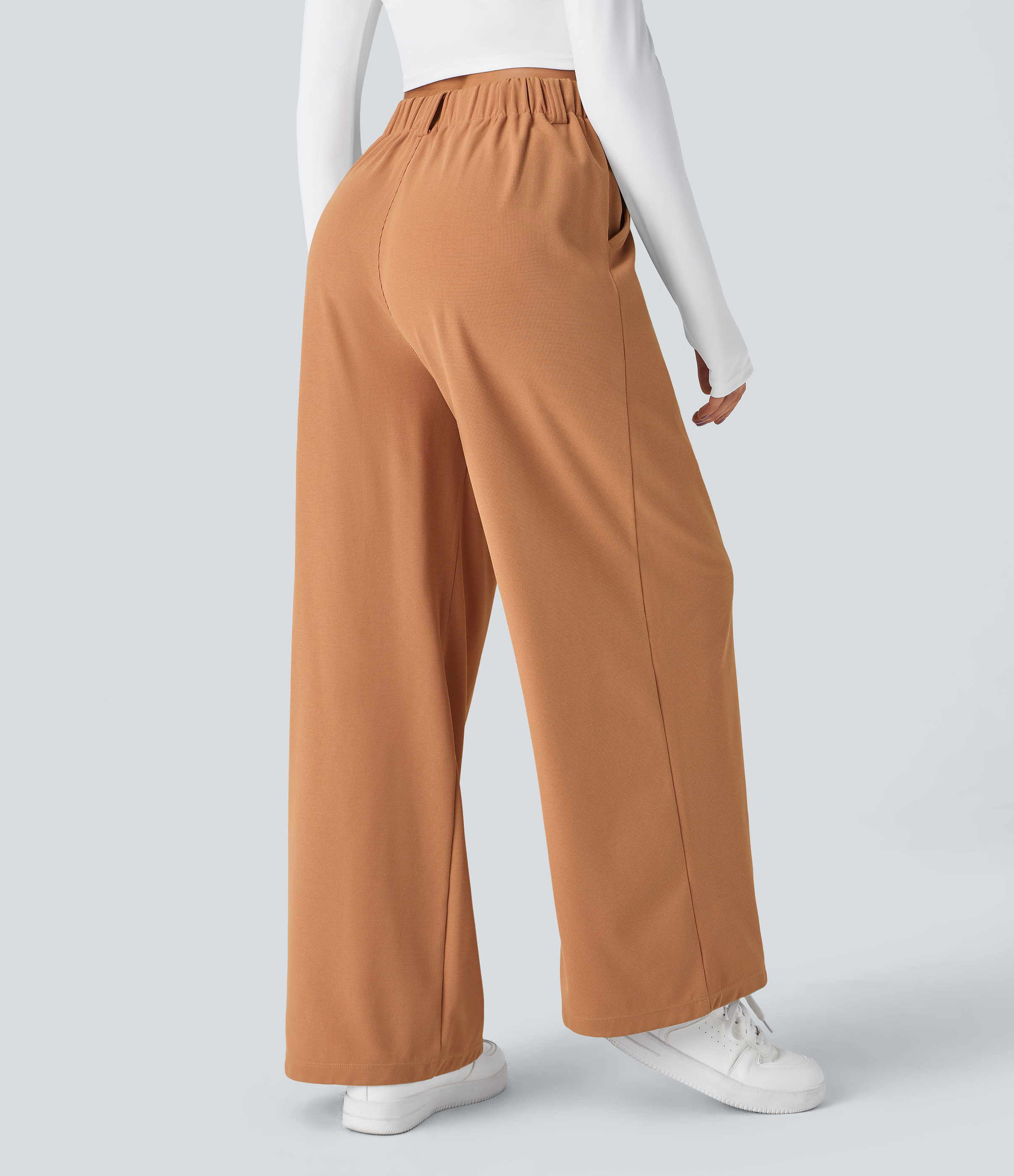 Saturated Orange High-Waisted Pleated Wide-Leg Waffle Work Pants with Pockets - 2