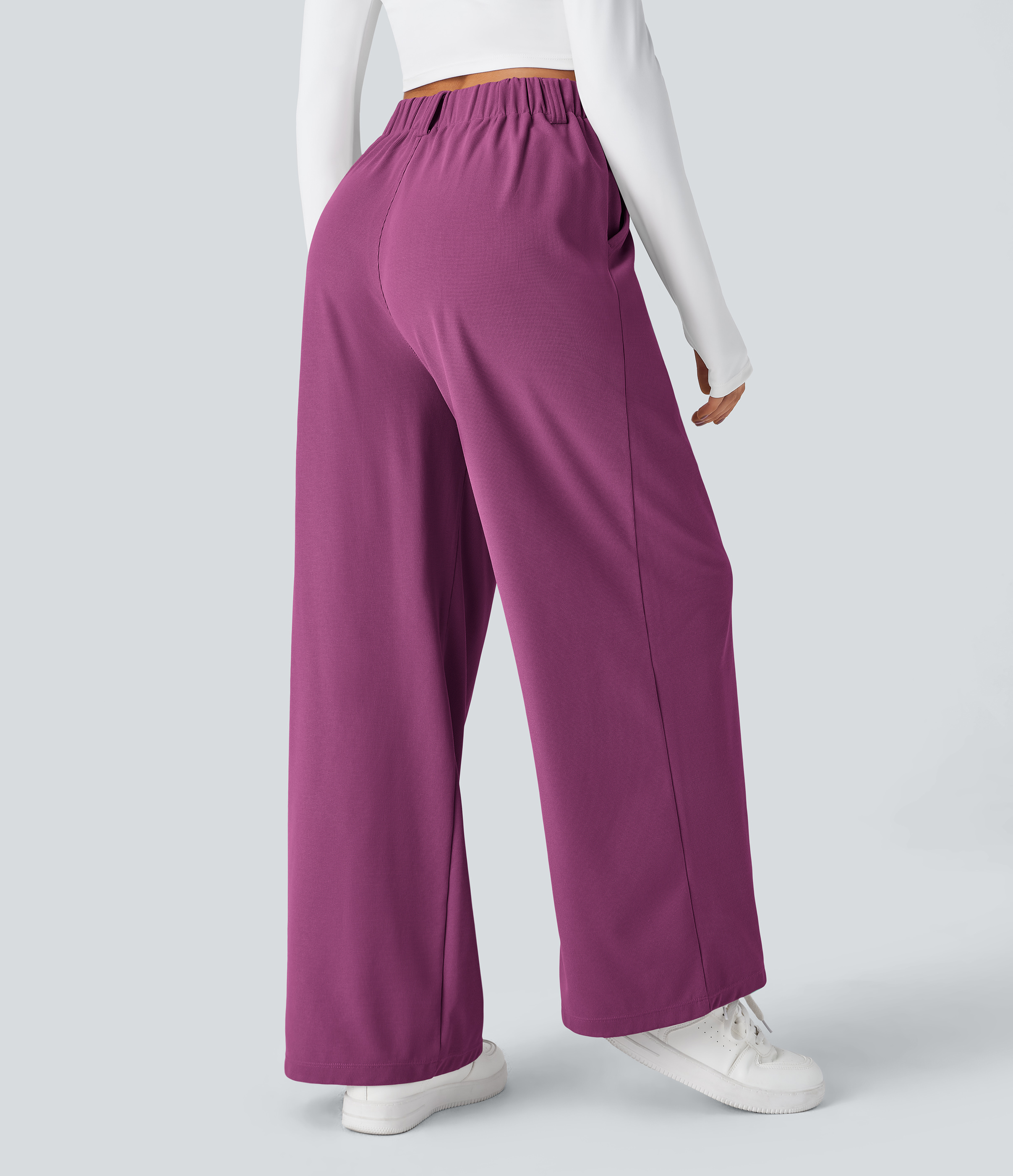 Meadow Mauve High-Waisted Pleated Wide-Leg Waffle Work Pants with Pockets - 2