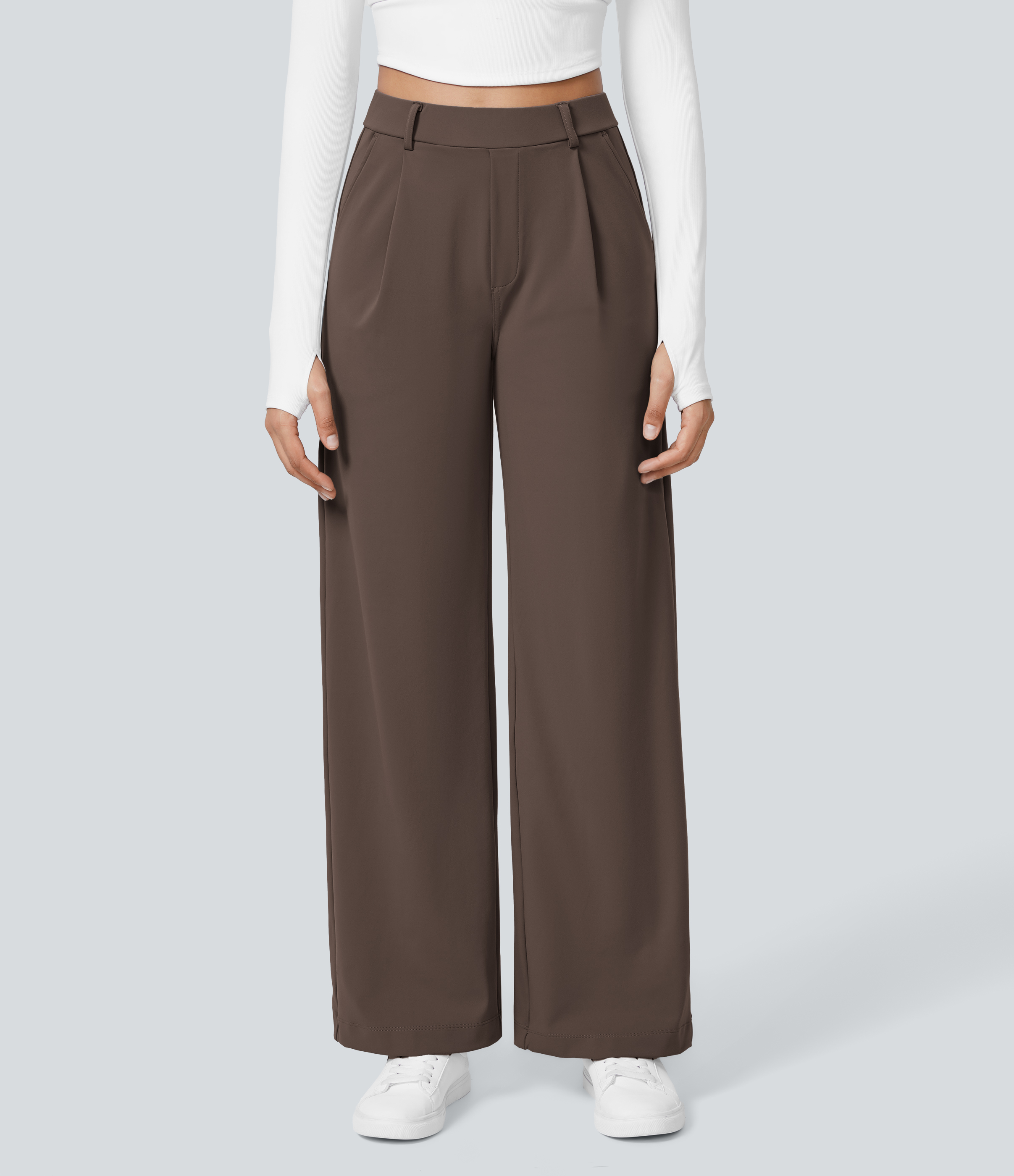 Chocolate Martini High Waisted Pleated Straight Leg Work Pants with Pockets - 2