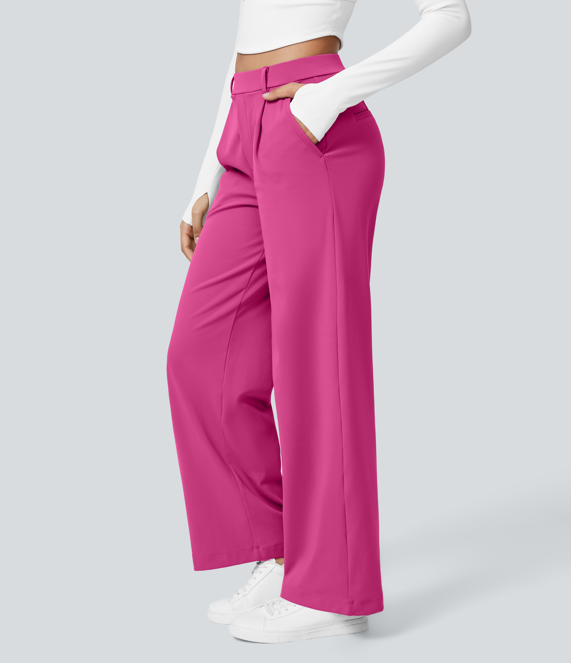 Raspberry Rose High Waisted Pleated Straight Leg Work Pants with Pockets - 3