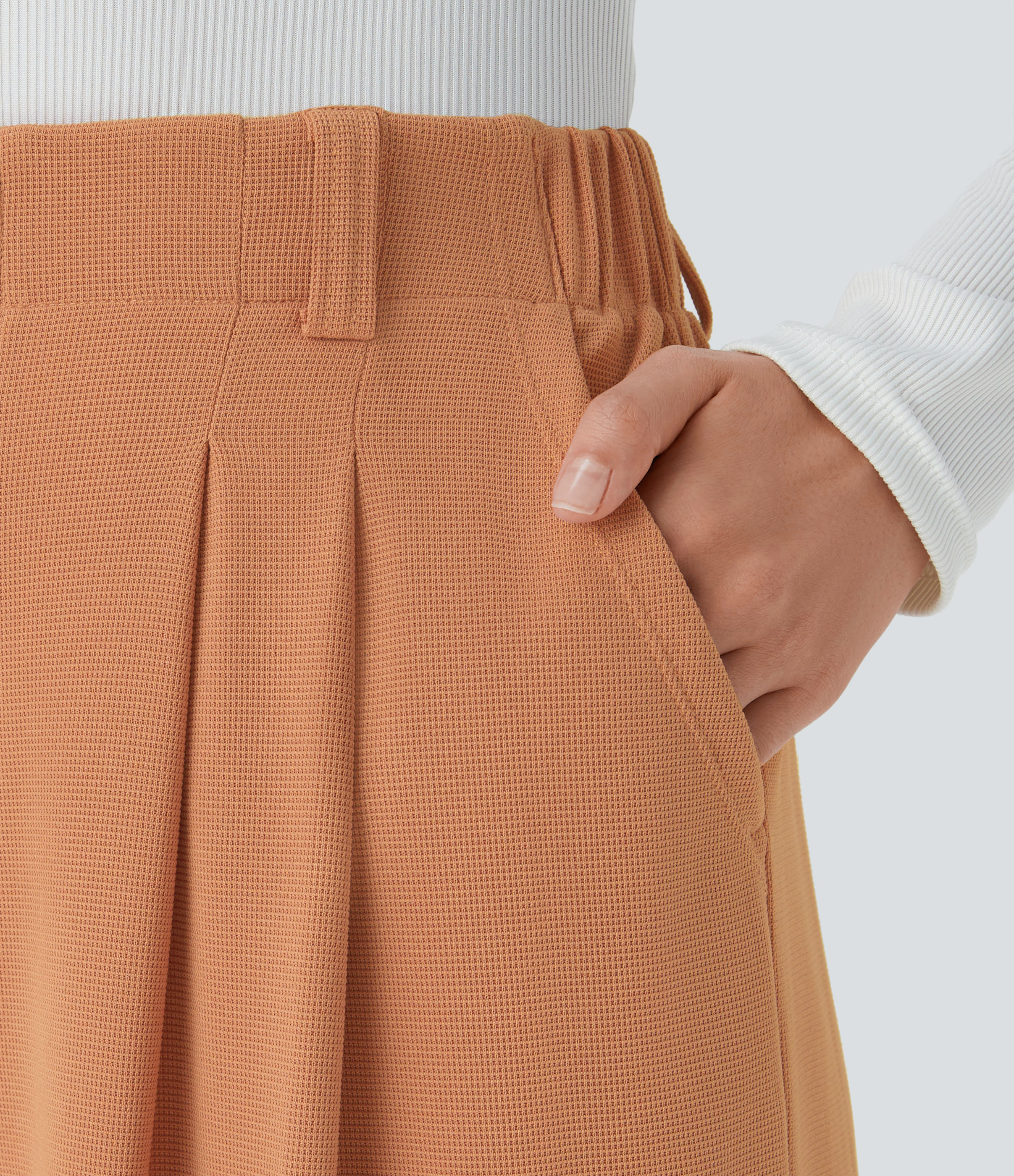 Saturated Orange High-Waisted Pleated Wide-Leg Waffle Work Pants with Pockets - 4