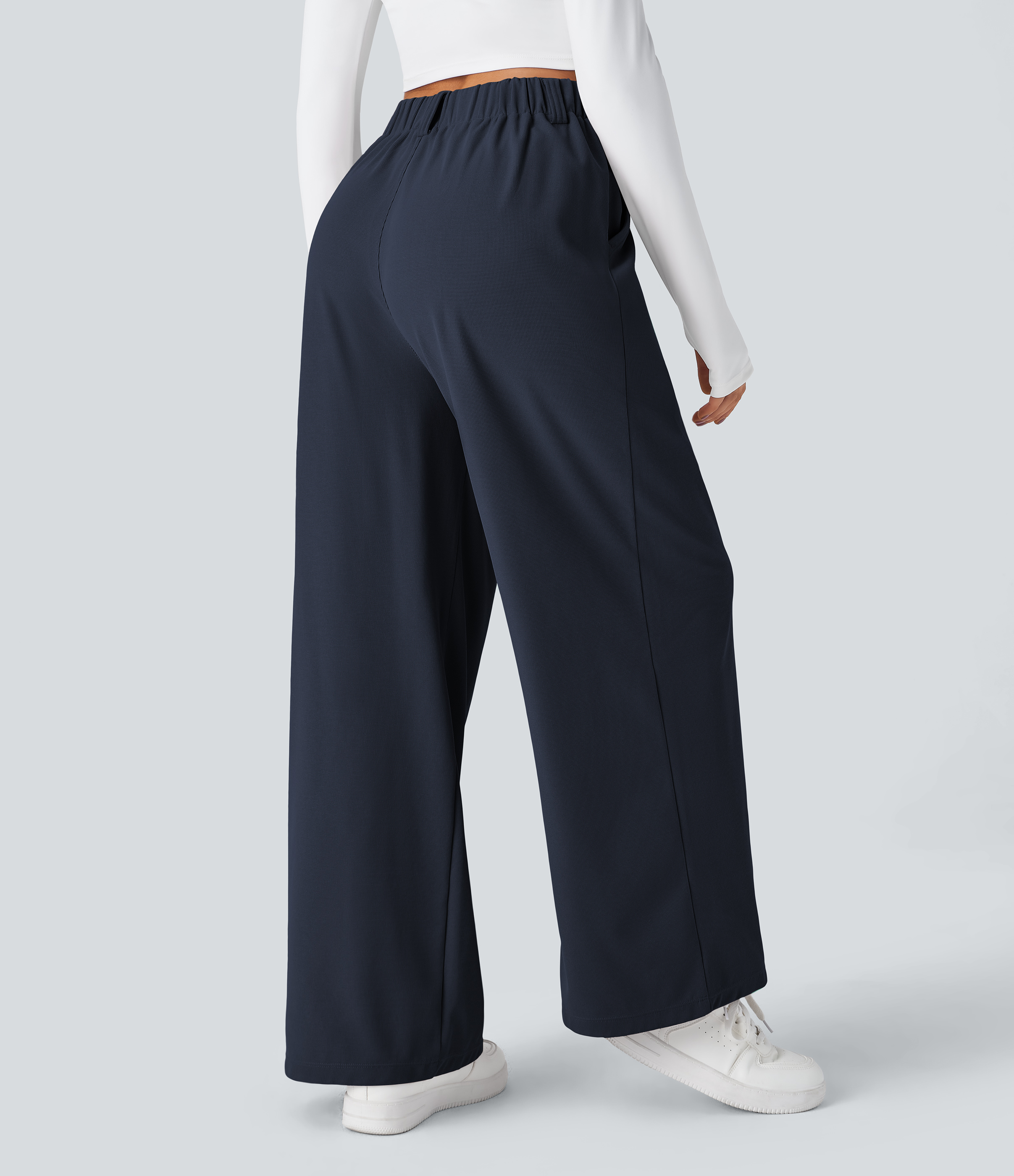 Navy Blazer High-Waisted Pleated Wide-Leg Waffle Work Pants with Pockets - 2