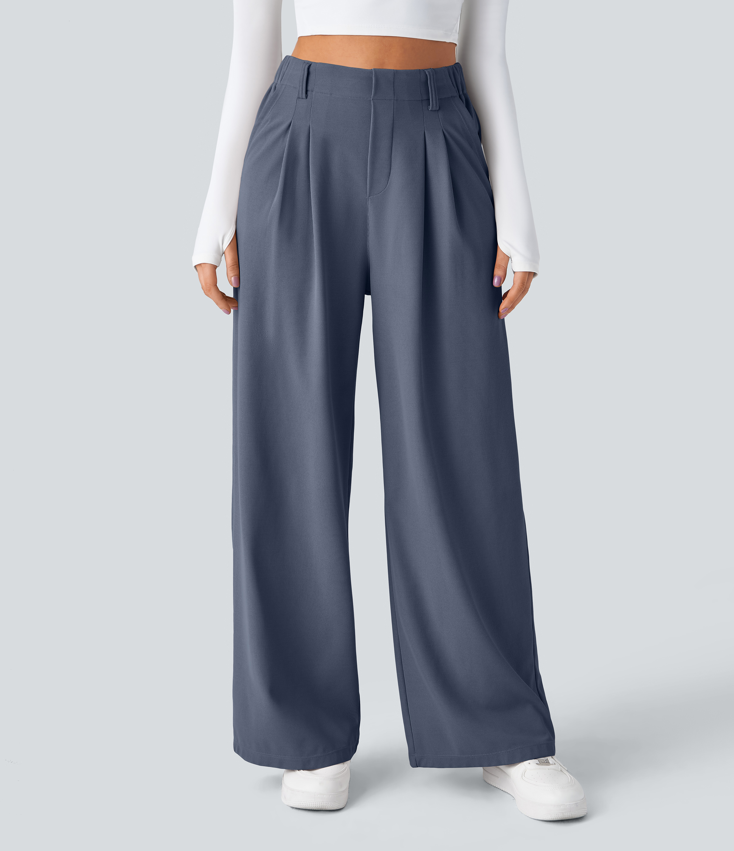 Grisaille High-Waisted Pleated Wide-Leg Waffle Work Pants with Pockets - 3