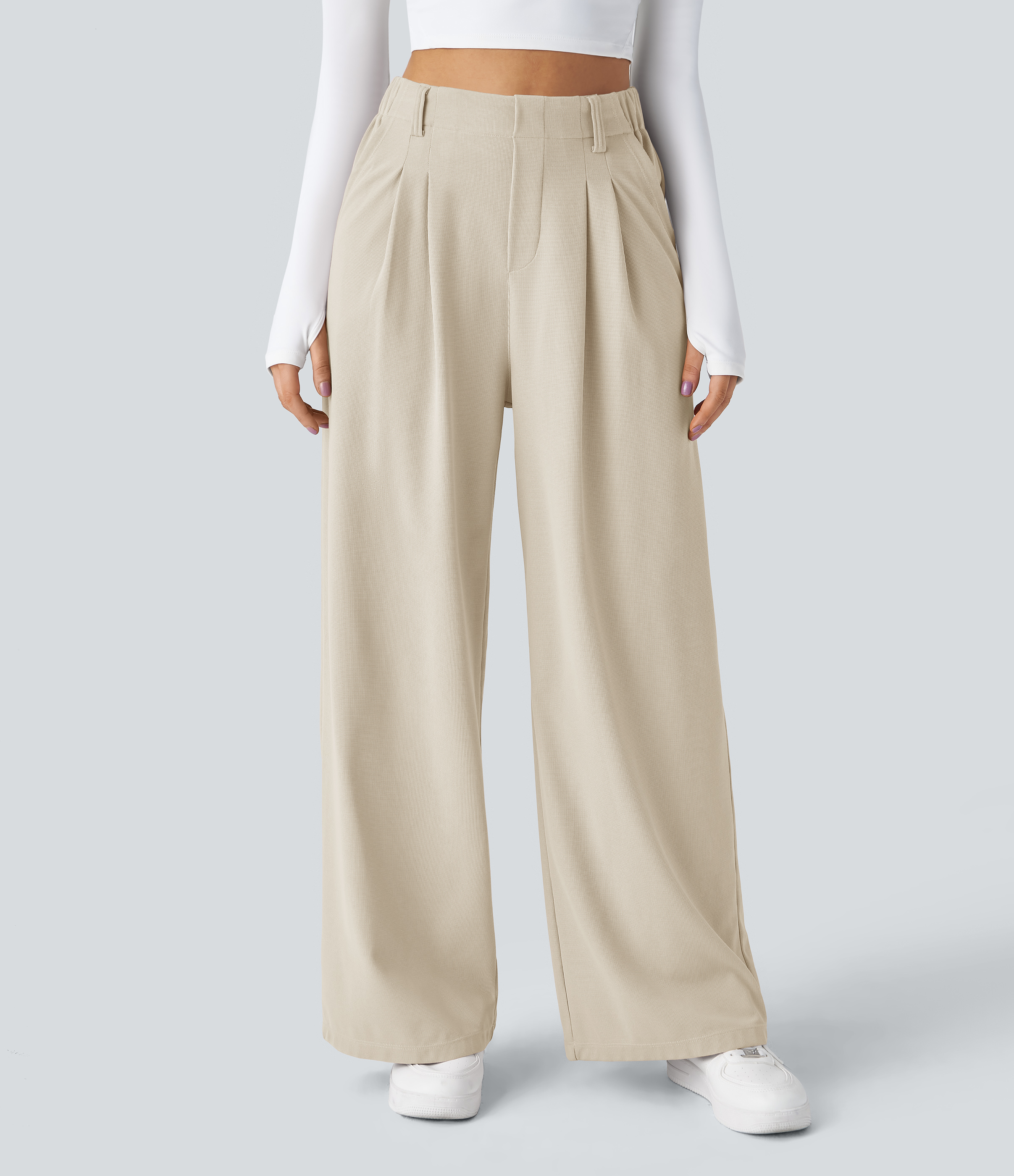 Oat Milk High-Waisted Pleated Wide-Leg Waffle Work Pants with Pockets - 3