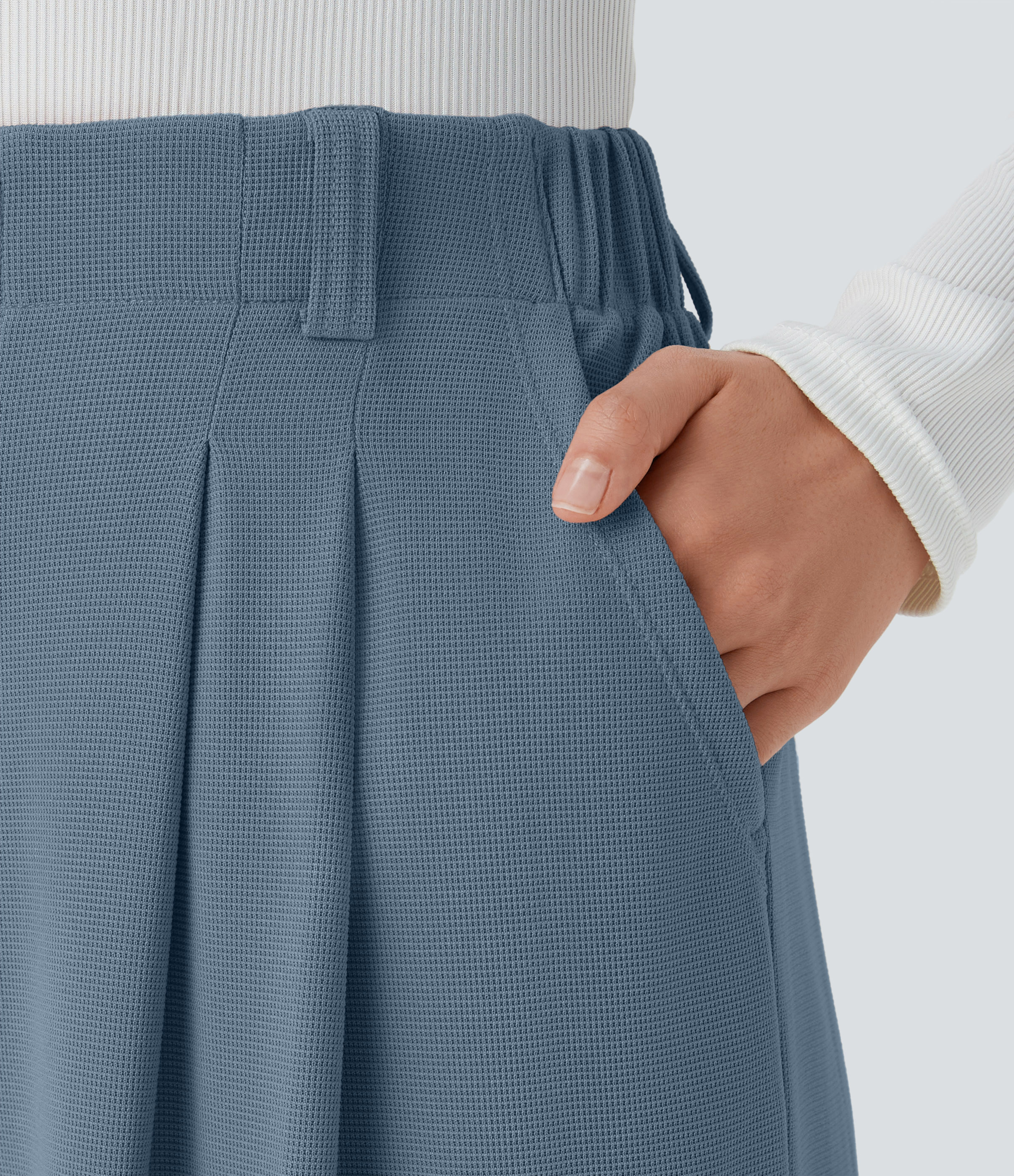 Mountain Spring High-Waisted Pleated Wide-Leg Waffle Work Pants with Pockets - 4