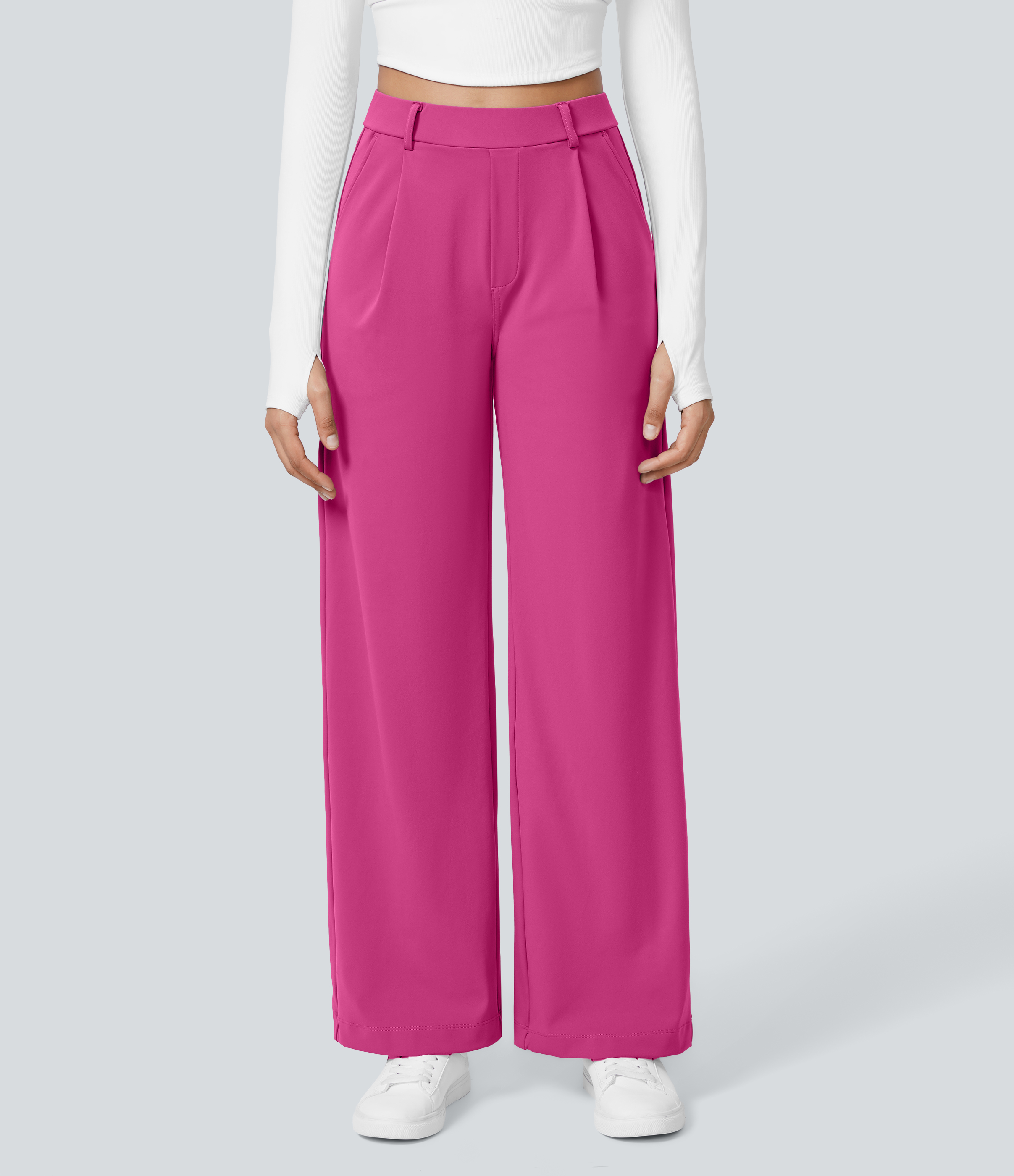 Raspberry Rose High Waisted Pleated Straight Leg Work Pants with Pockets - 2