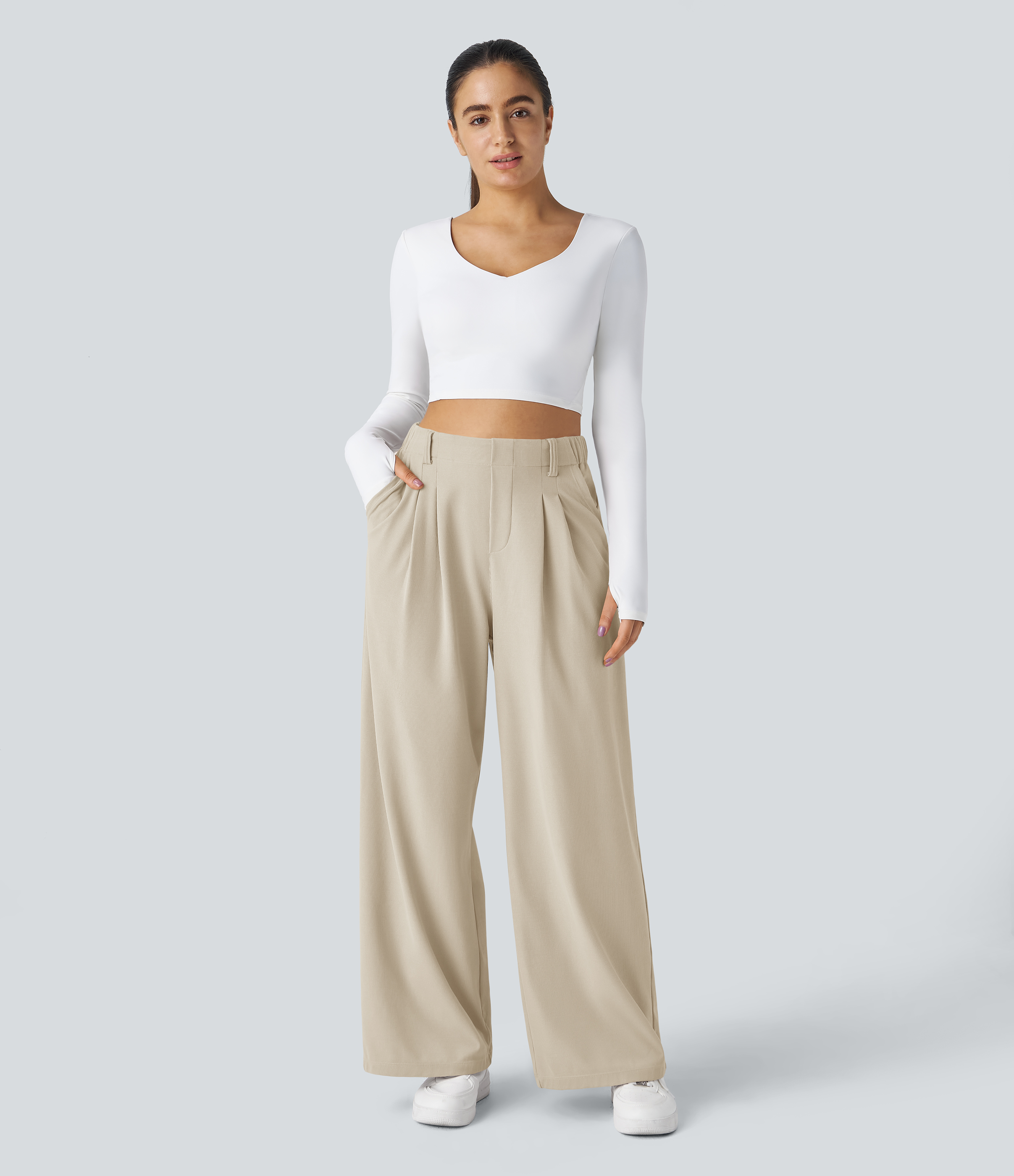 Oat Milk High-Waisted Pleated Wide-Leg Waffle Work Pants with Pockets - 5