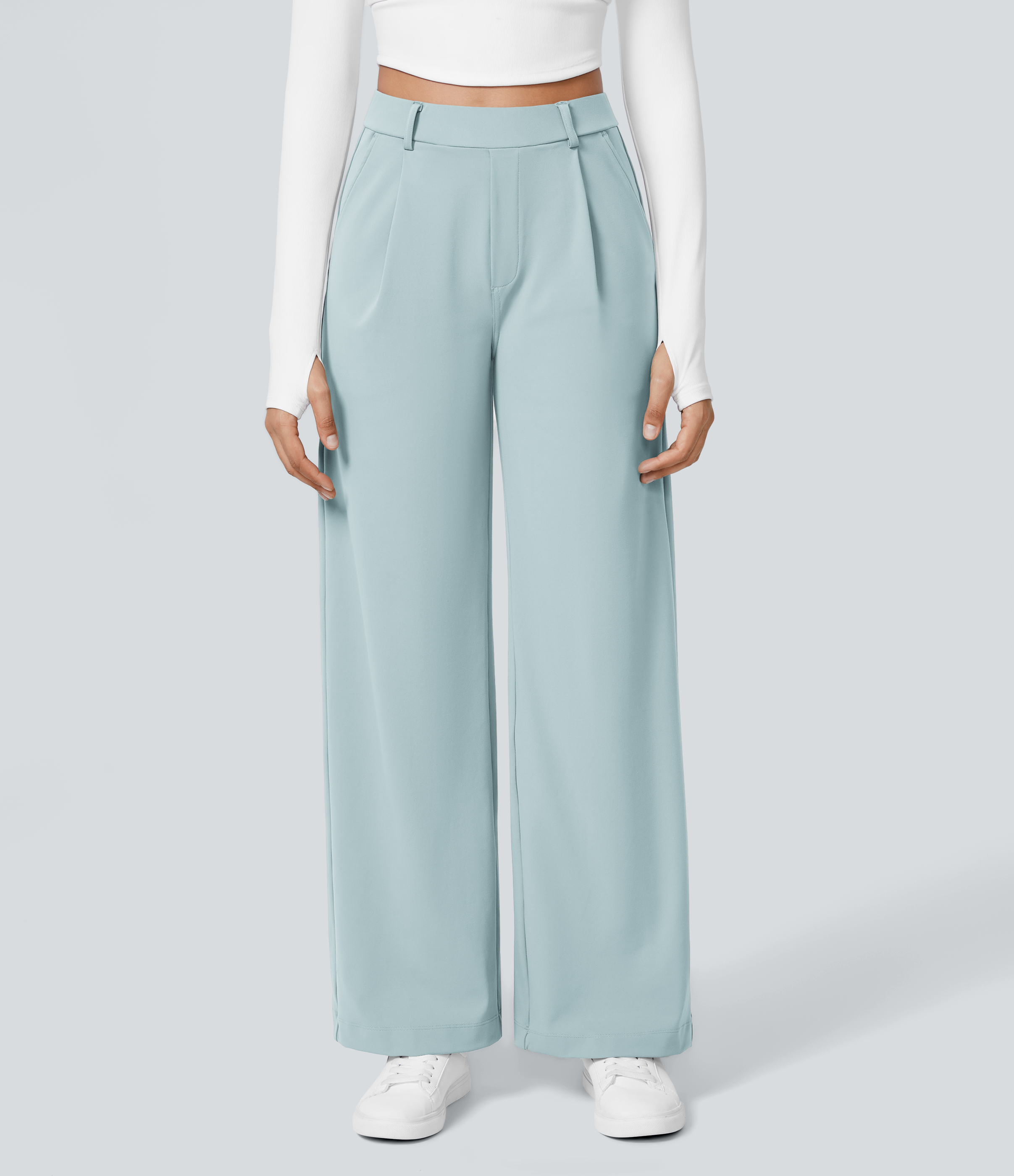 Baby Blue High Waisted Pleated Straight Leg Work Pants with Pockets - 2