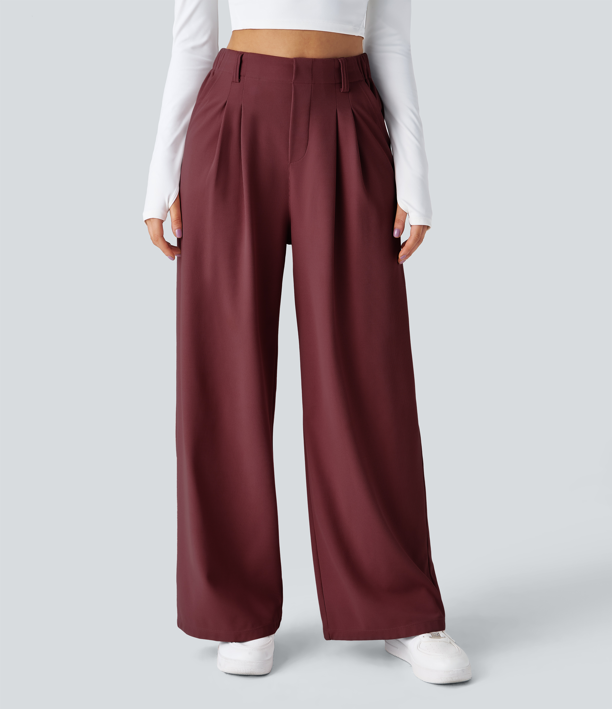 New Maroon High-Waisted Pleated Wide-Leg Waffle Work Pants with Pockets - 3