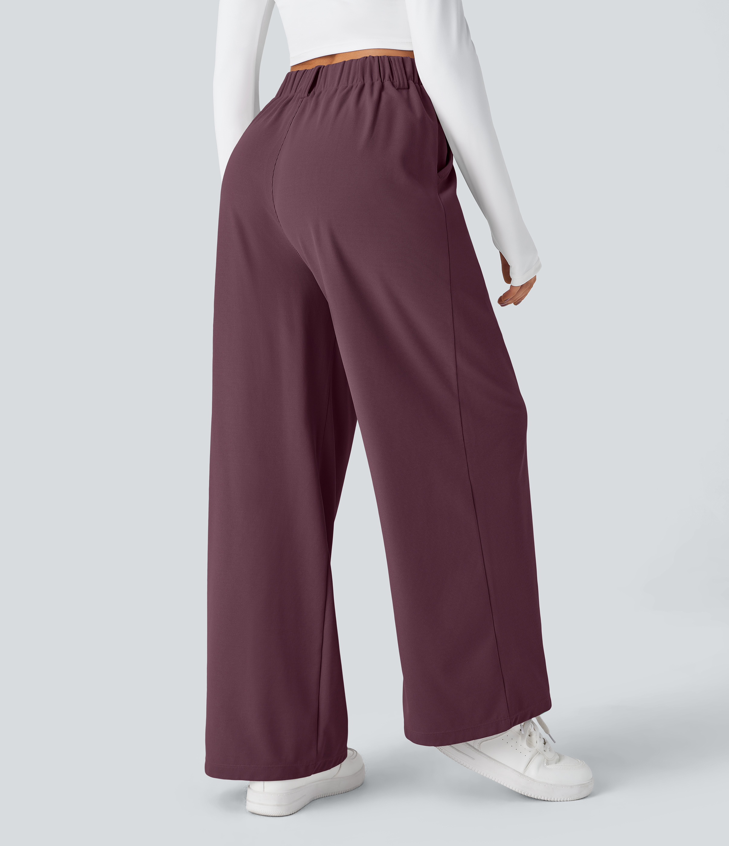 Plum Wine High-Waisted Pleated Wide-Leg Waffle Work Pants with Pockets - 2