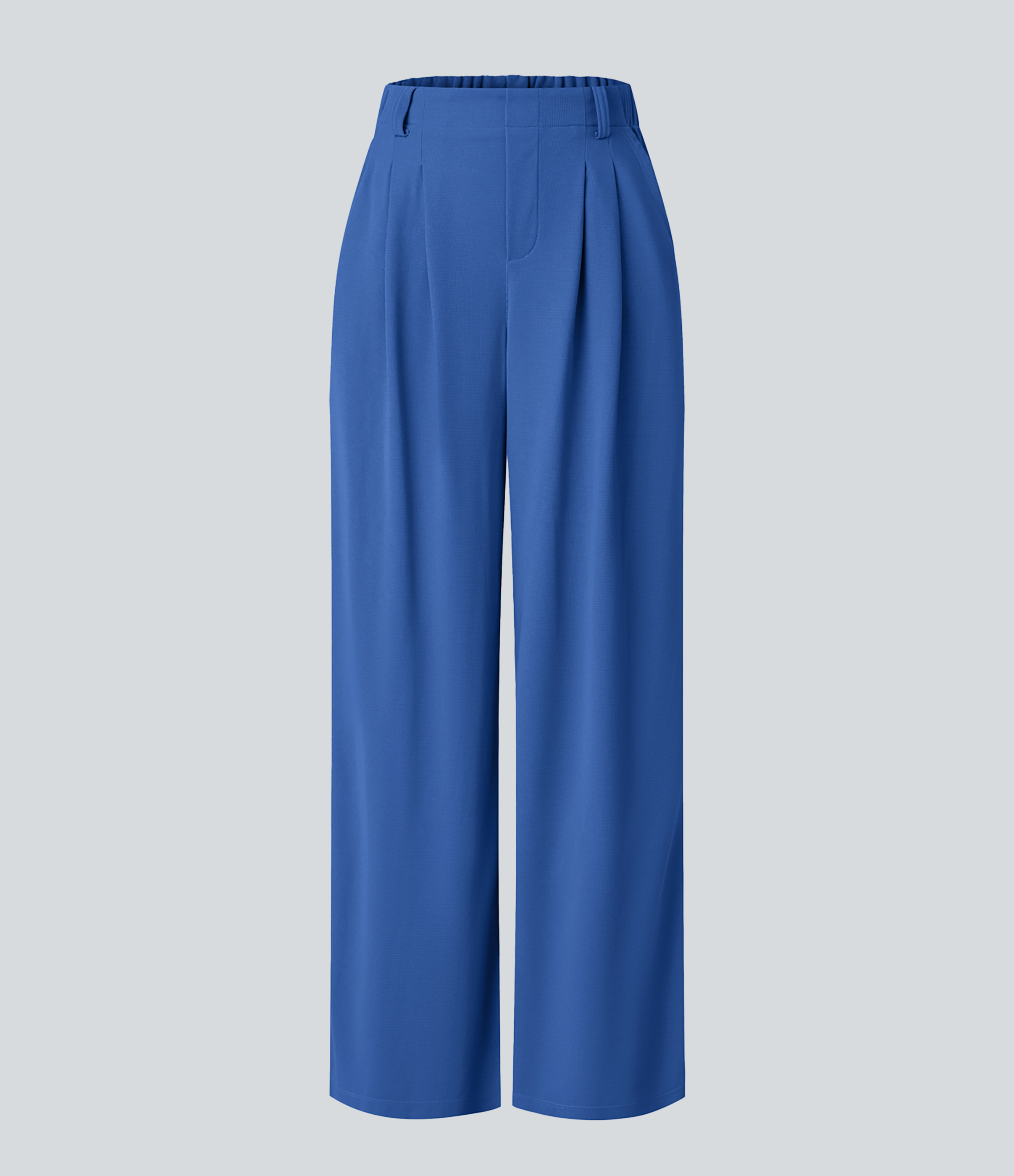 Deep Sapphire Blue High-Waisted Pleated Wide-Leg Waffle Work Pants with Pockets - 5