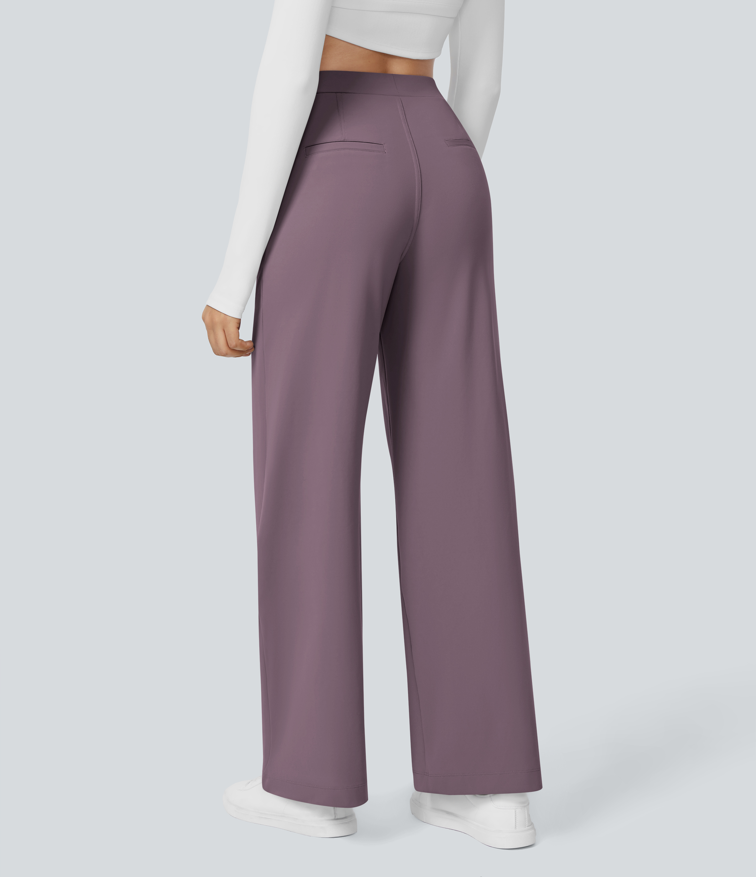 Nebula Purple High Waisted Pleated Straight Leg Work Pants with Pockets - 1