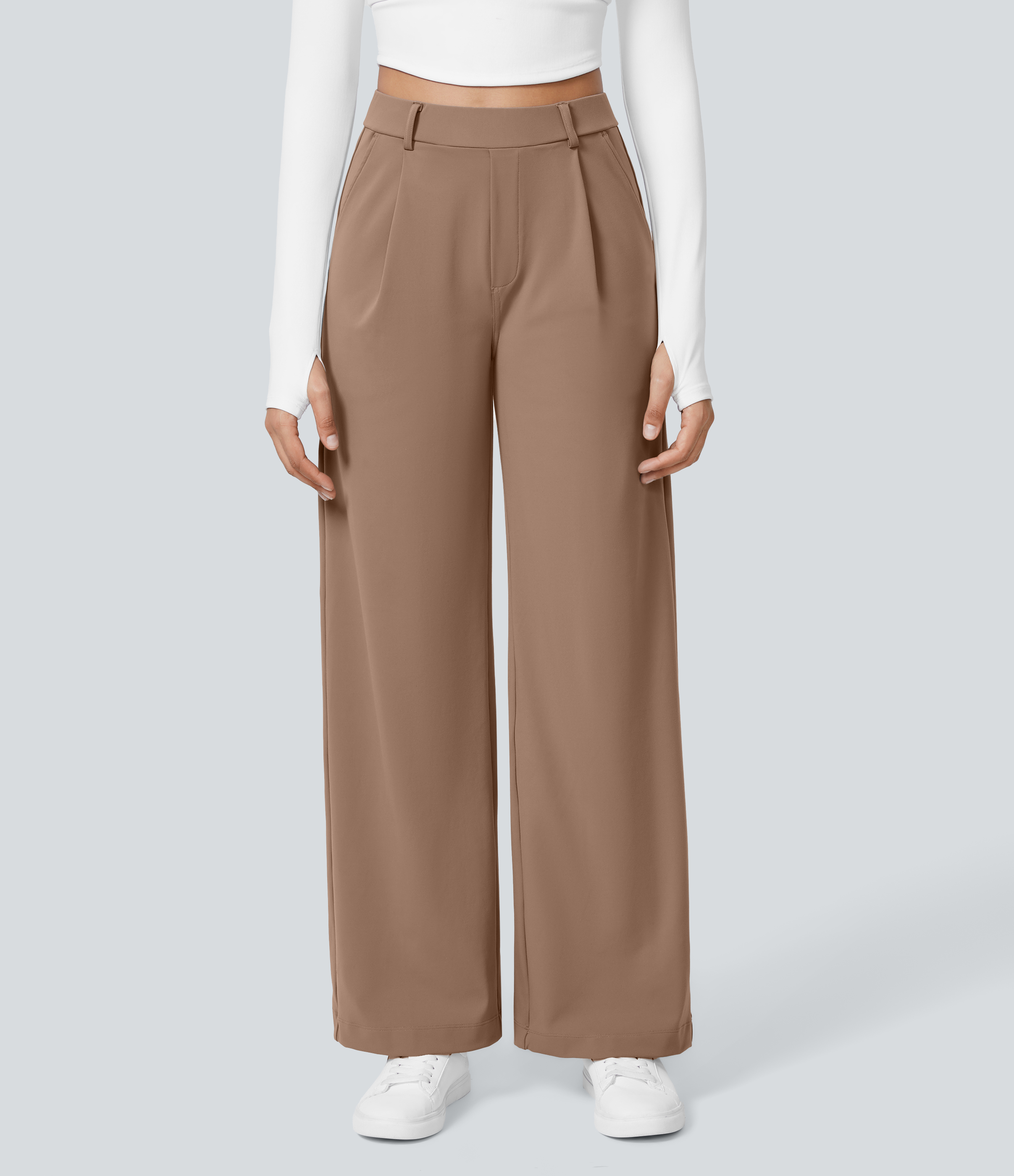 Burro High Waisted Pleated Straight Leg Work Pants with Pockets - 2