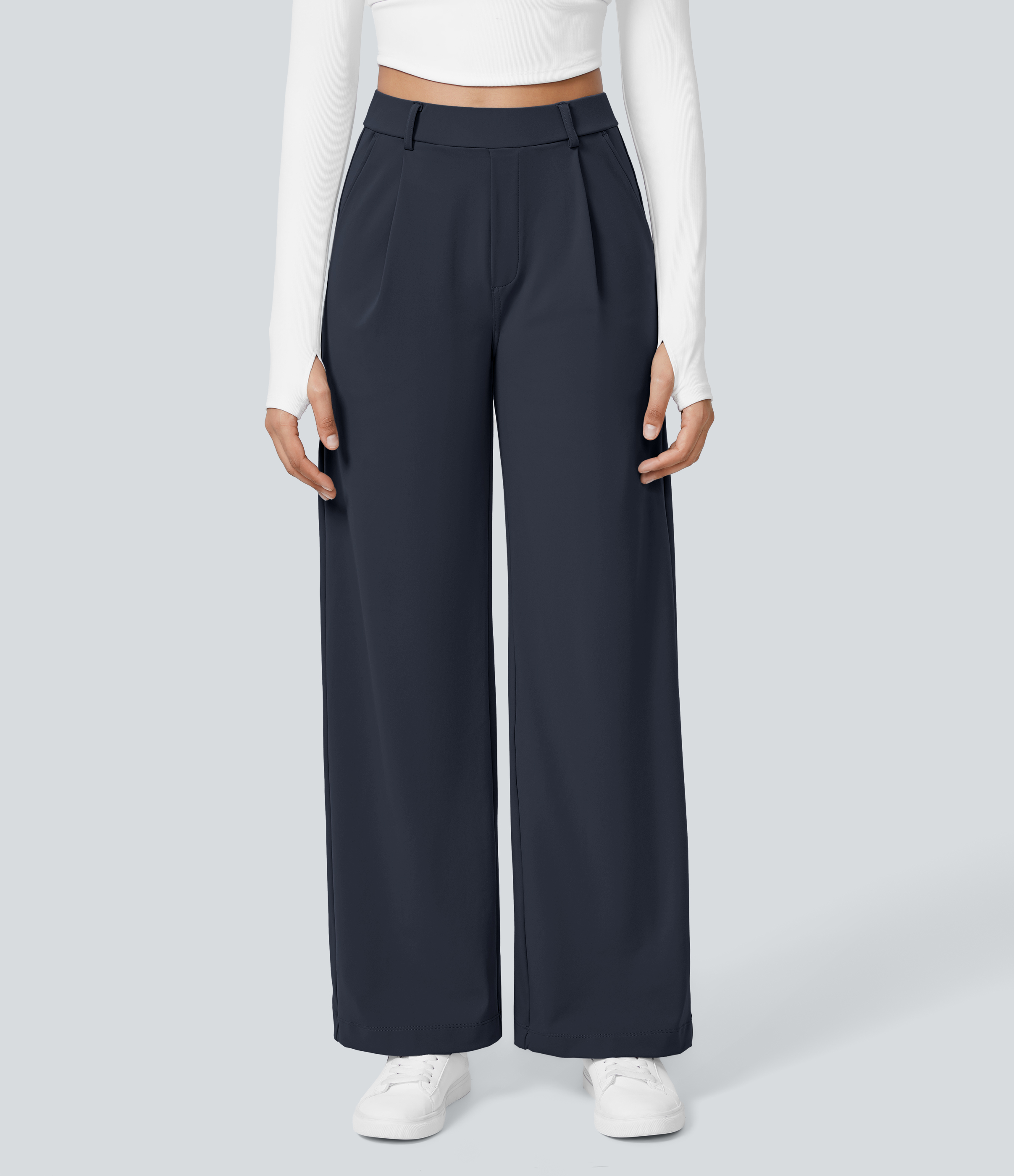 Midnight Blue High Waisted Pleated Straight Leg Work Pants with Pockets - 2
