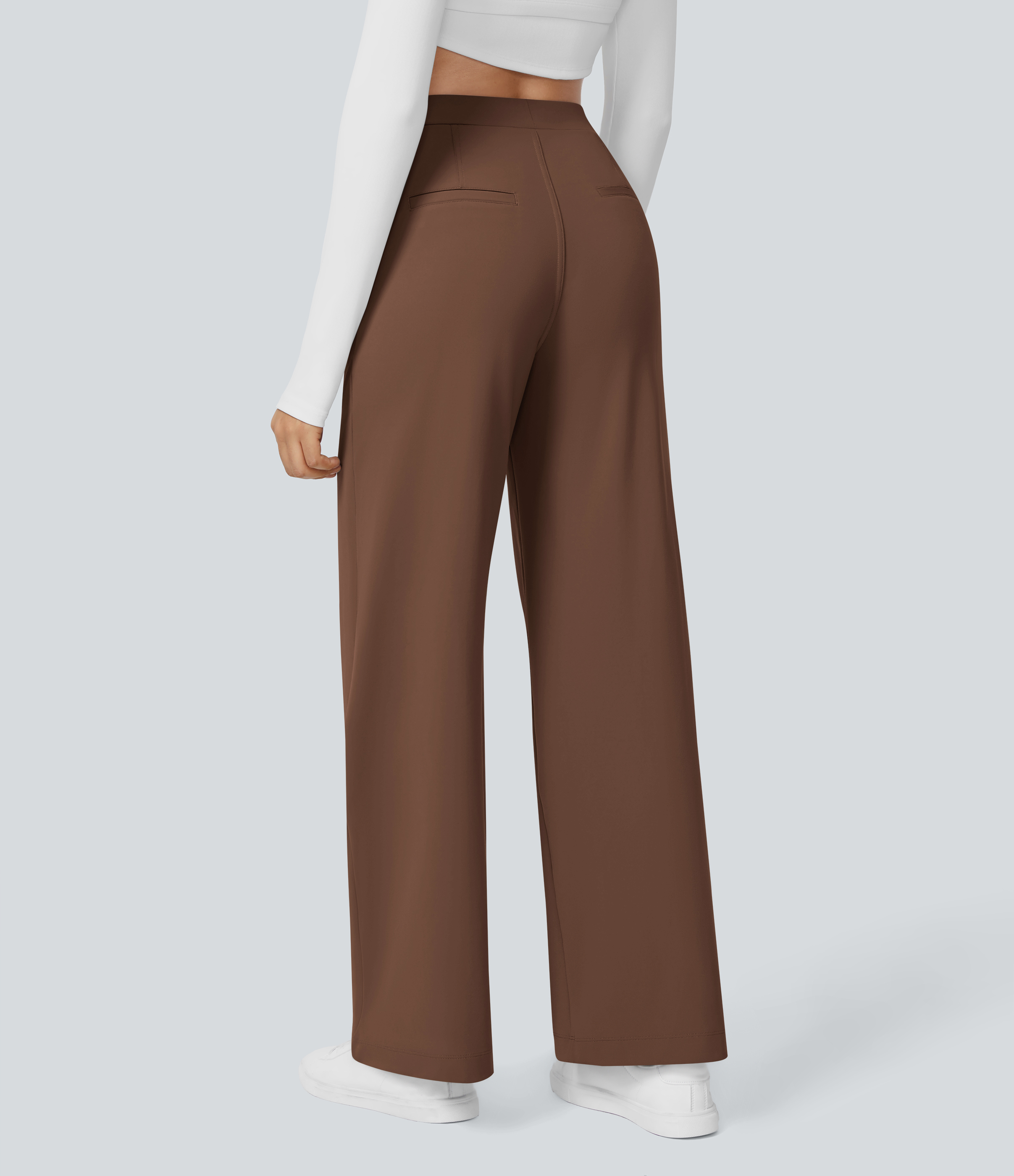 Autumn Chestnut High Waisted Pleated Straight Leg Work Pants with Pockets - 3