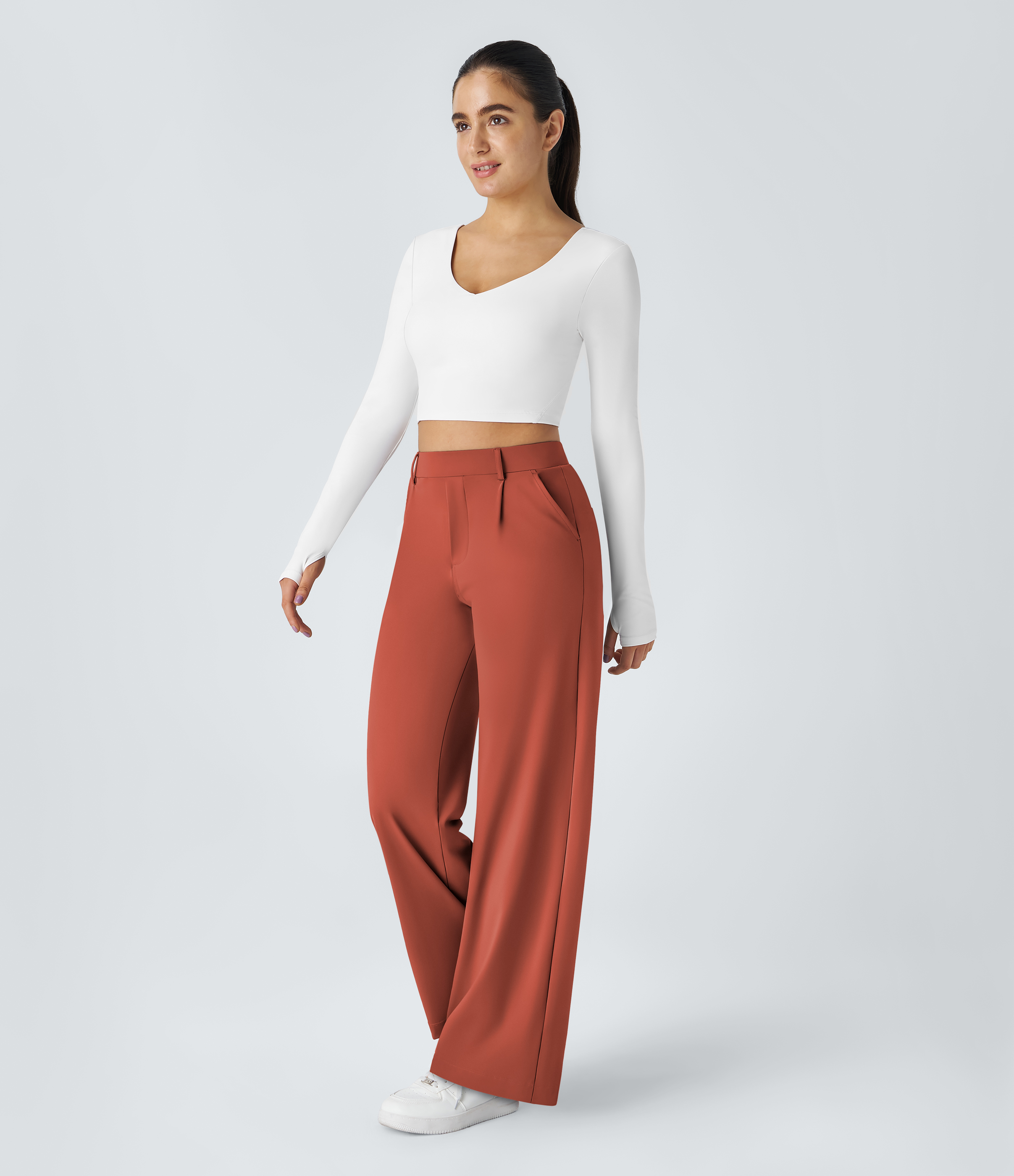Cinnabar High Waisted Pleated Straight Leg Work Pants with Pockets - 6