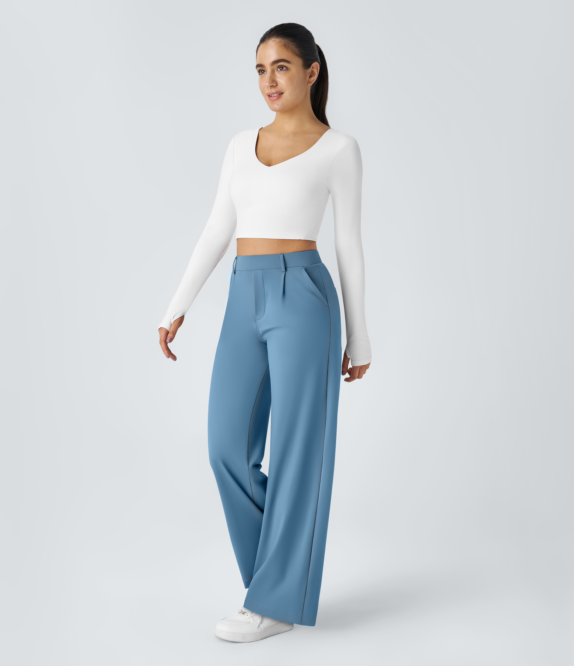 Light Azure High Waisted Pleated Straight Leg Work Pants with Pockets - 6