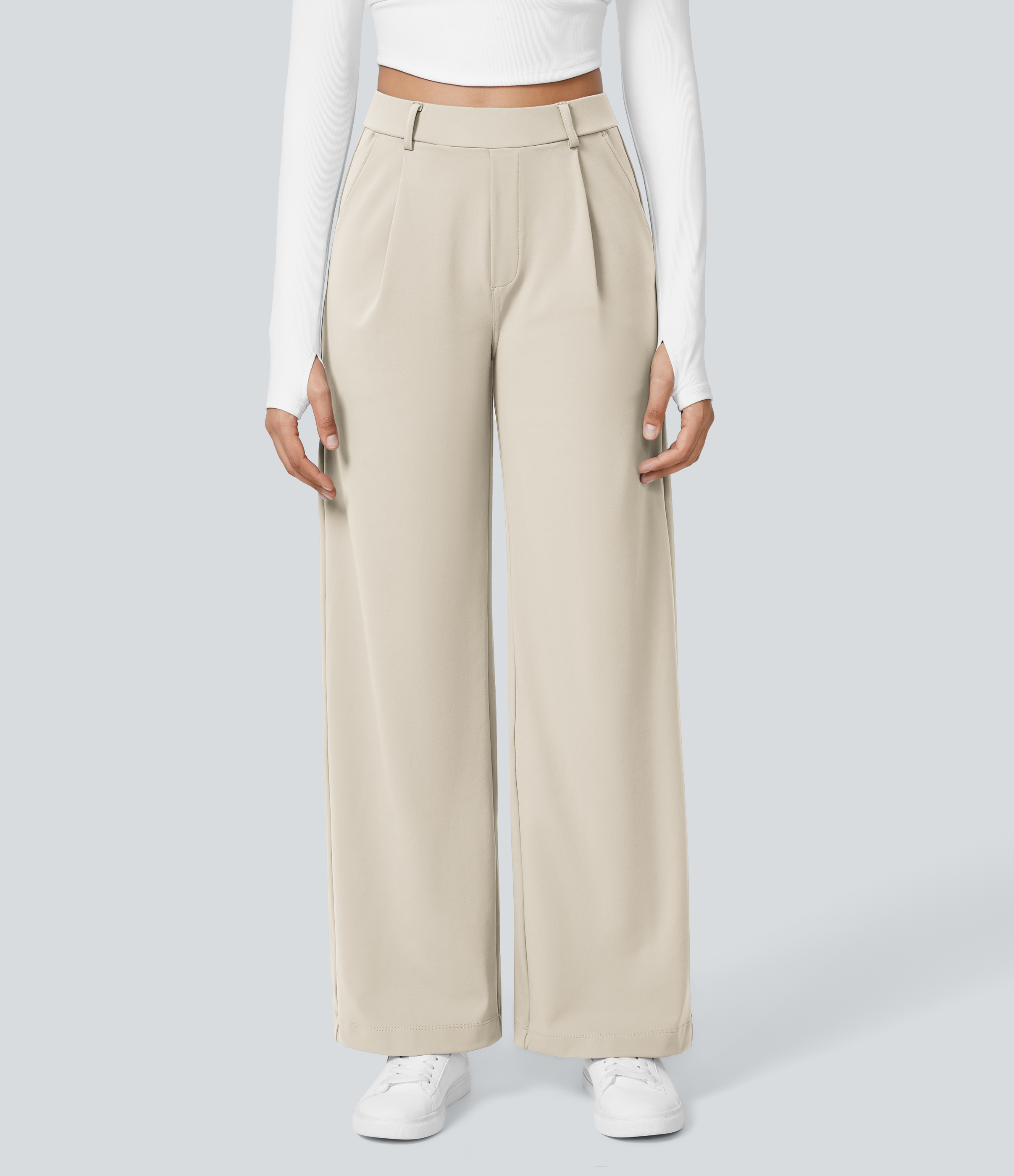 Oat Milk High Waisted Pleated Straight Leg Work Pants with Pockets - 2