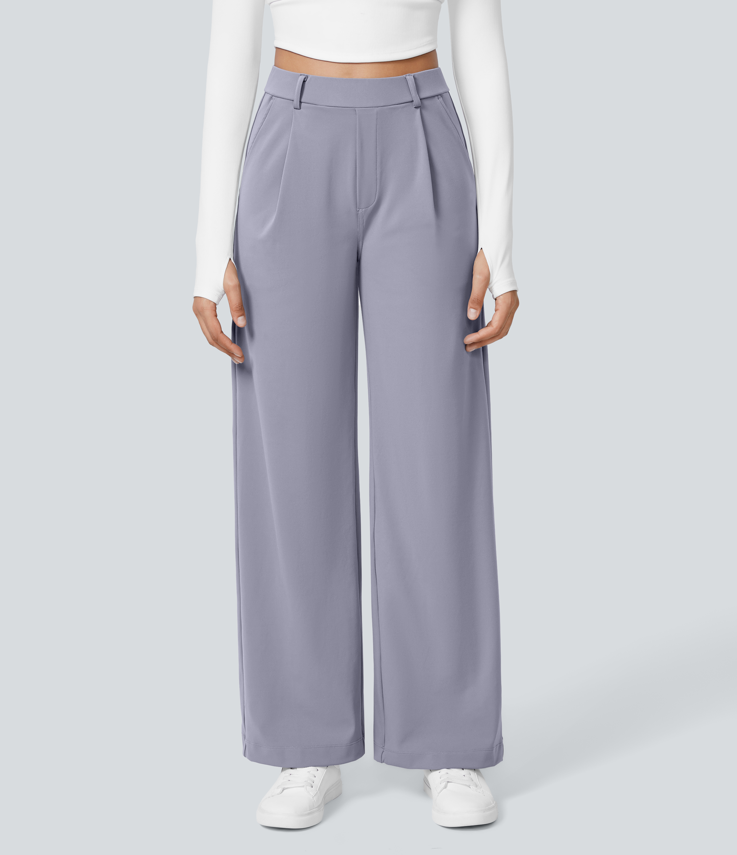 Icelandic Blue High Waisted Pleated Straight Leg Work Pants with Pockets - 2