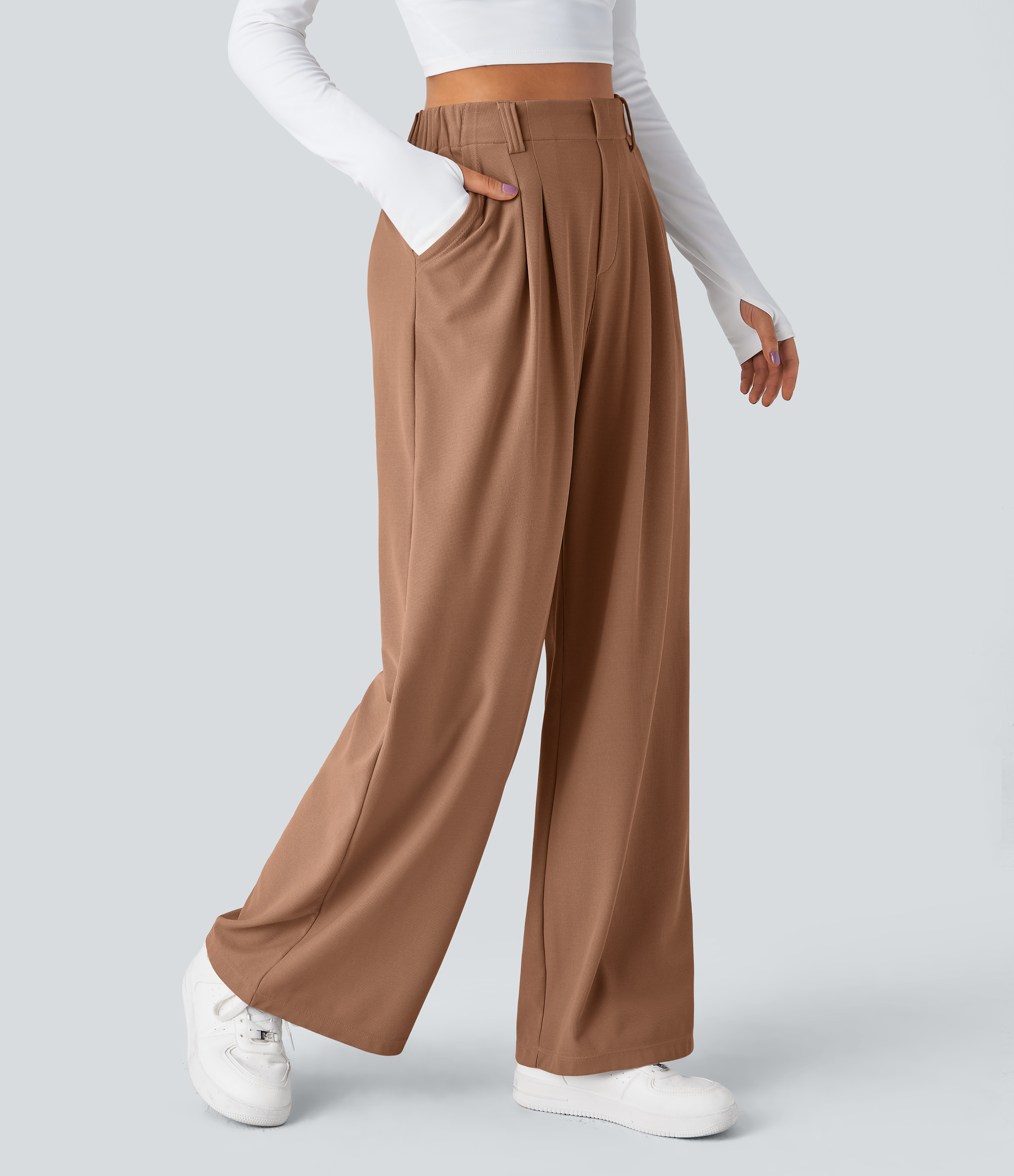 Macchiato High-Waisted Pleated Wide-Leg Waffle Work Pants with Pockets - 1