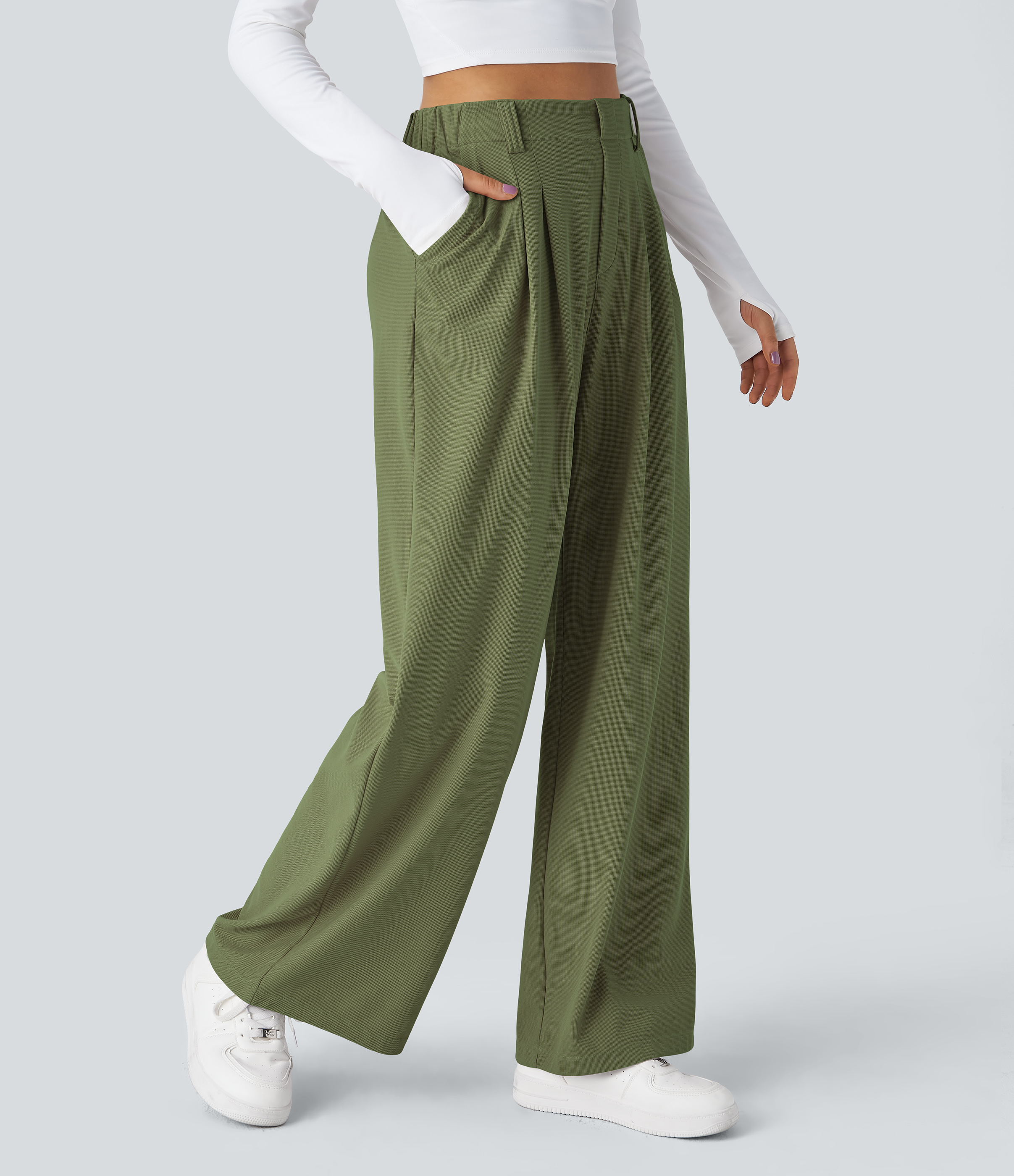 Loden Green High-Waisted Pleated Wide-Leg Waffle Work Pants with Pockets - 1