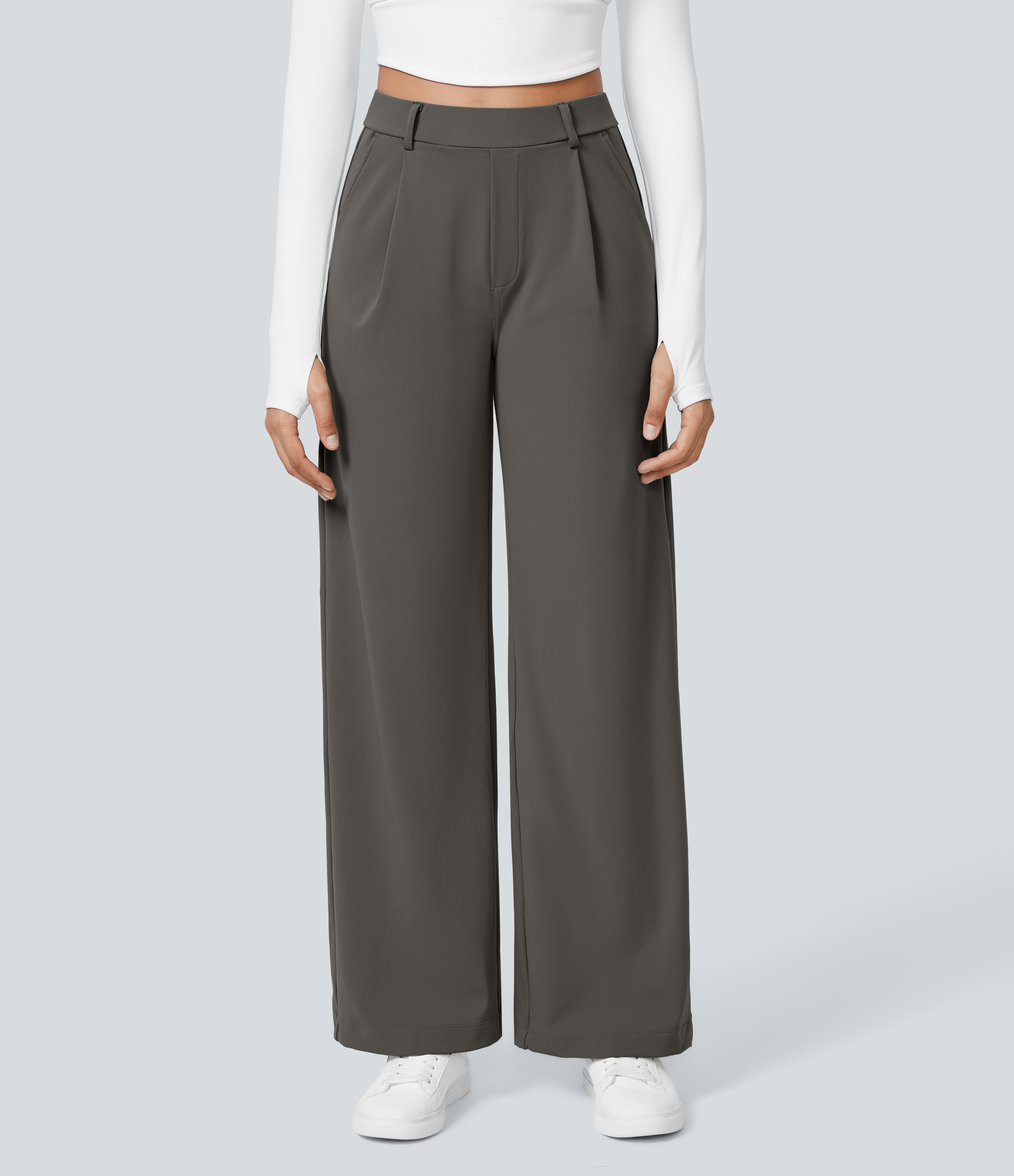 Deep Red Grey High Waisted Pleated Straight Leg Work Pants with Pockets - 2