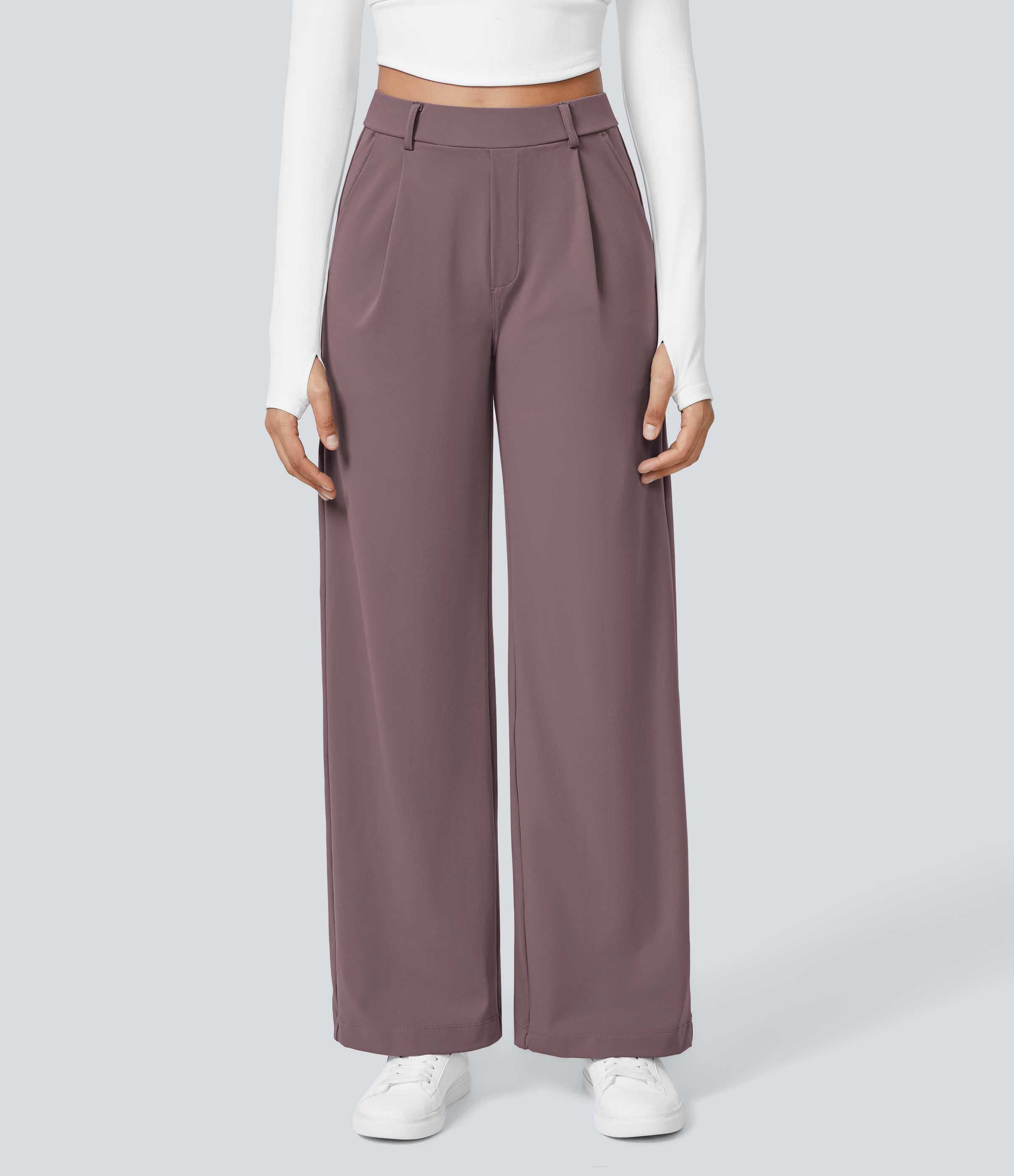 Purple Sandalwood High Waisted Pleated Straight Leg Work Pants with Pockets - 2
