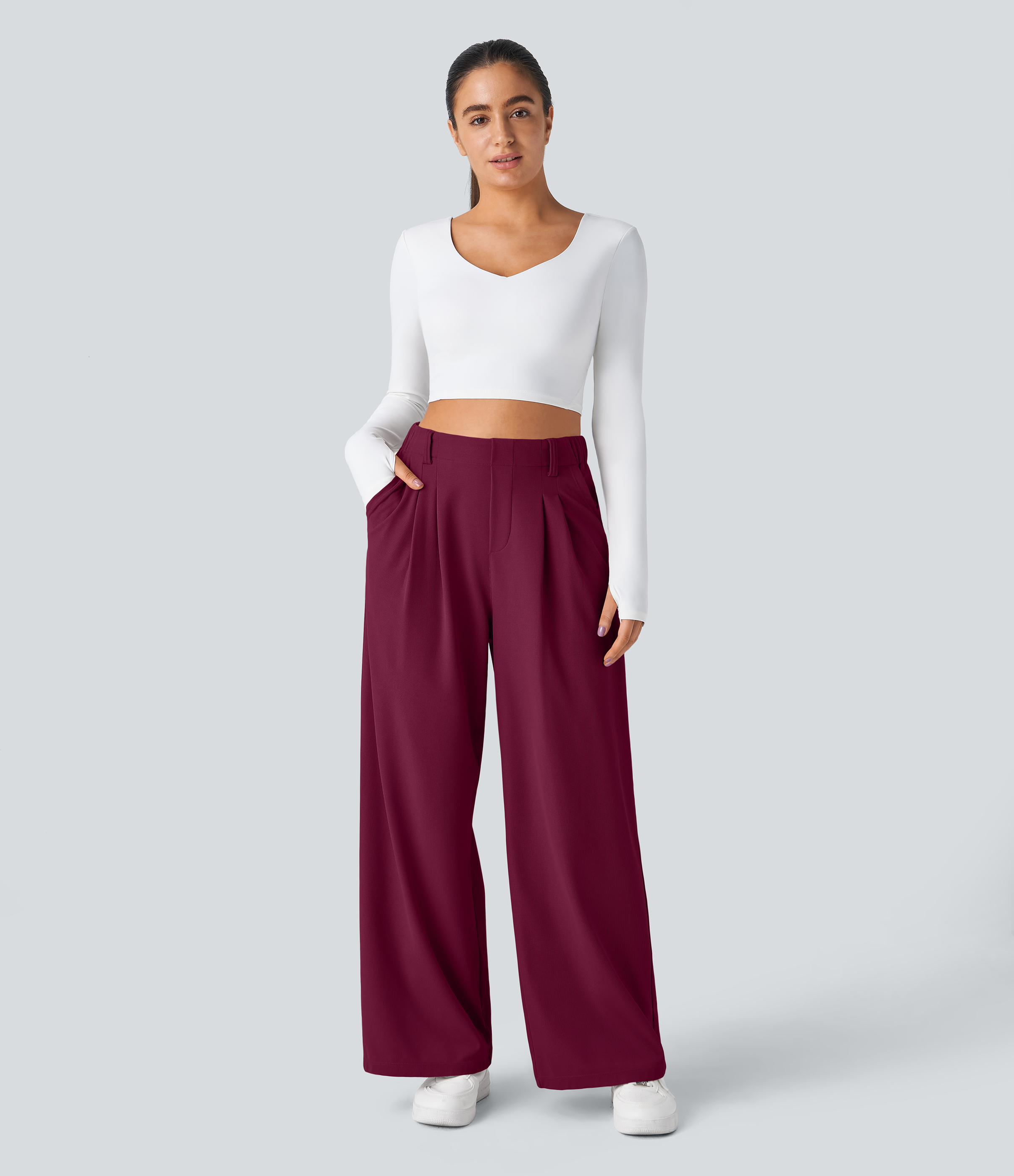 Anemone High-Waisted Pleated Wide-Leg Waffle Work Pants with Pockets - 5