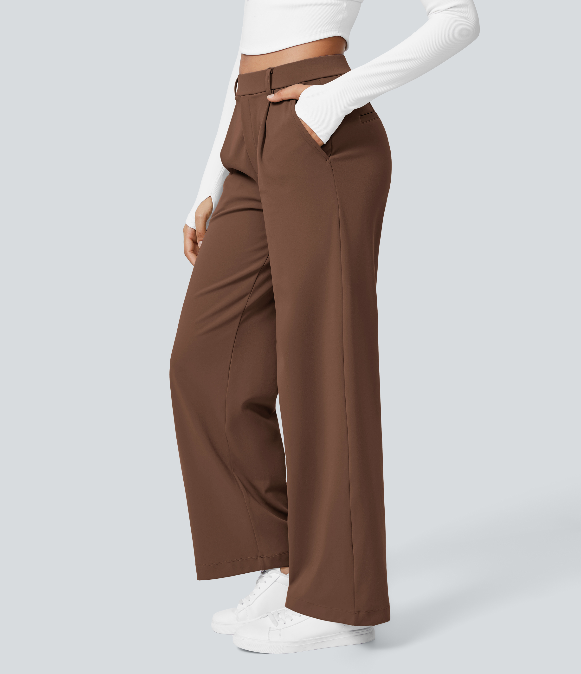 Autumn Chestnut High Waisted Pleated Straight Leg Work Pants with Pockets - 2