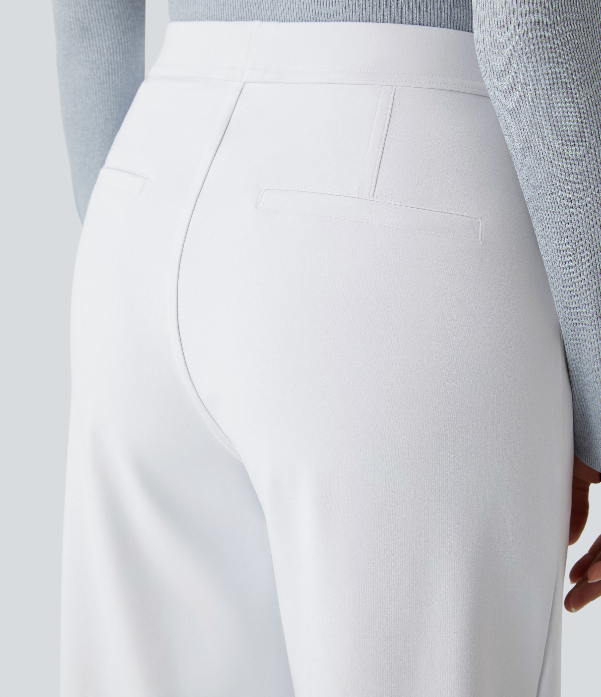White High Waisted Pleated Straight Leg Work Pants with Pockets - 4