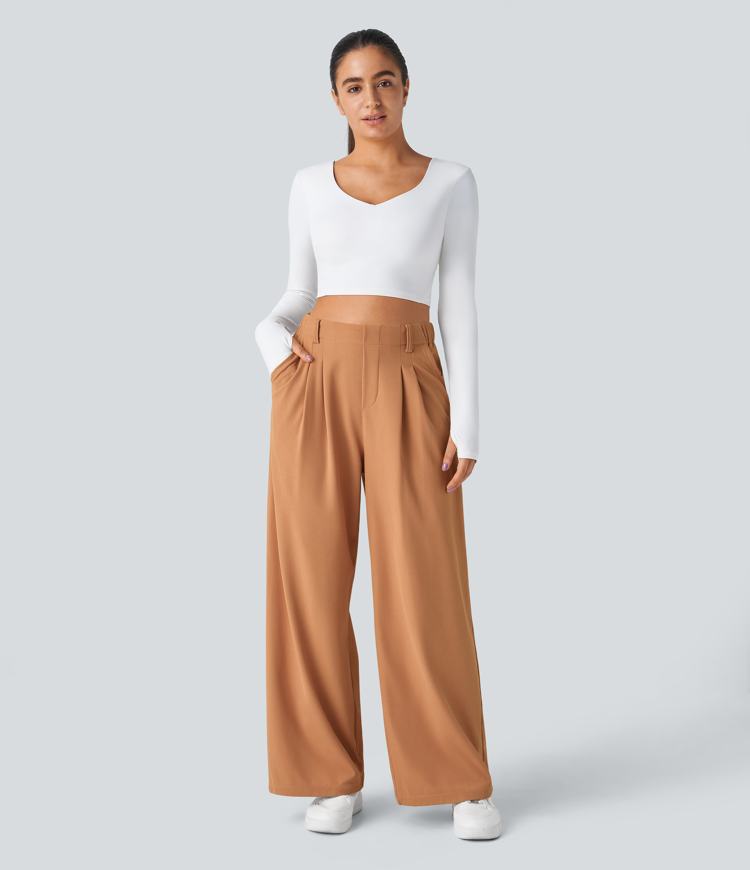 Saturated Orange High-Waisted Pleated Wide-Leg Waffle Work Pants with Pockets - 5