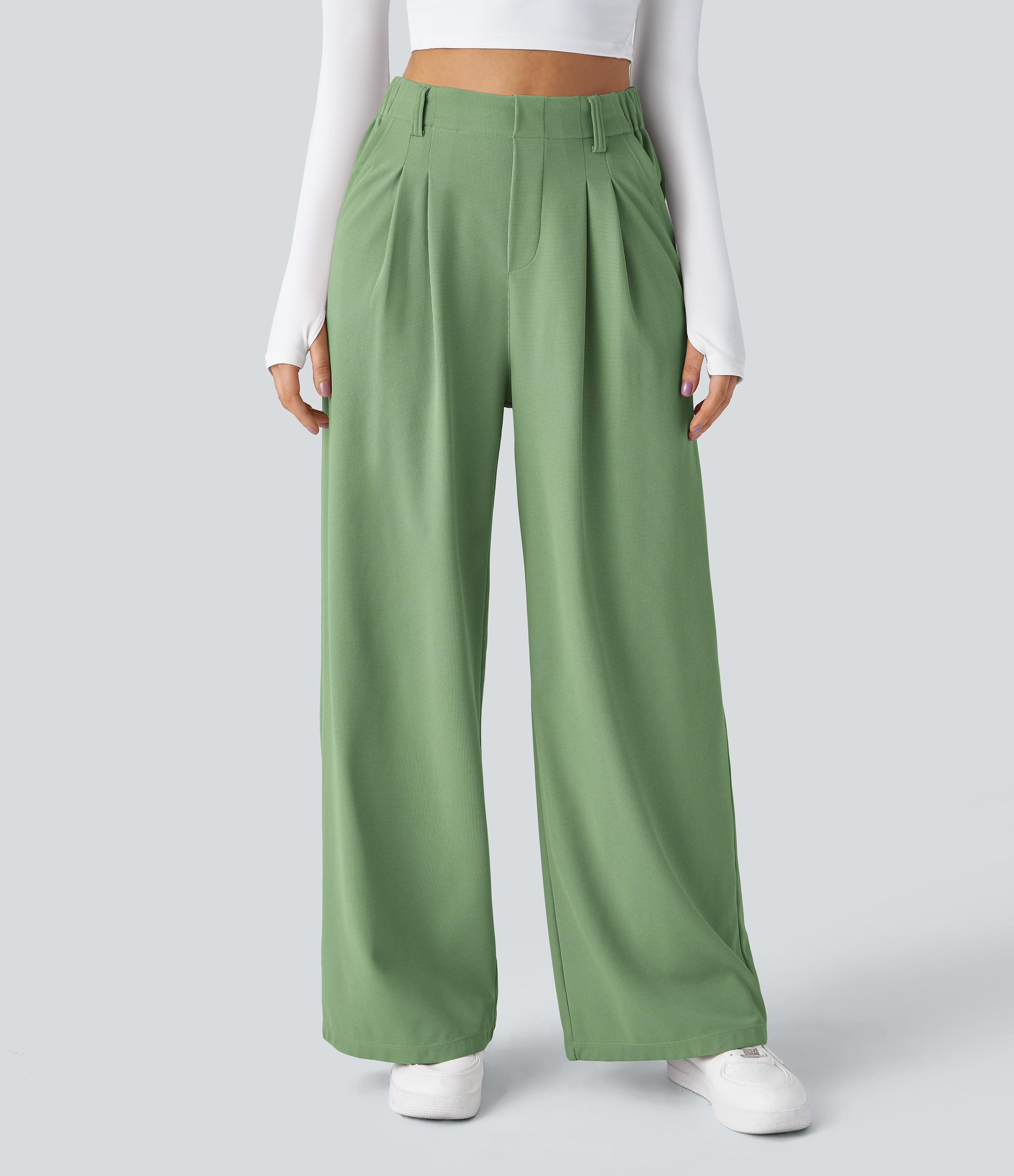 Kashmir High-Waisted Pleated Wide-Leg Waffle Work Pants with Pockets - 3