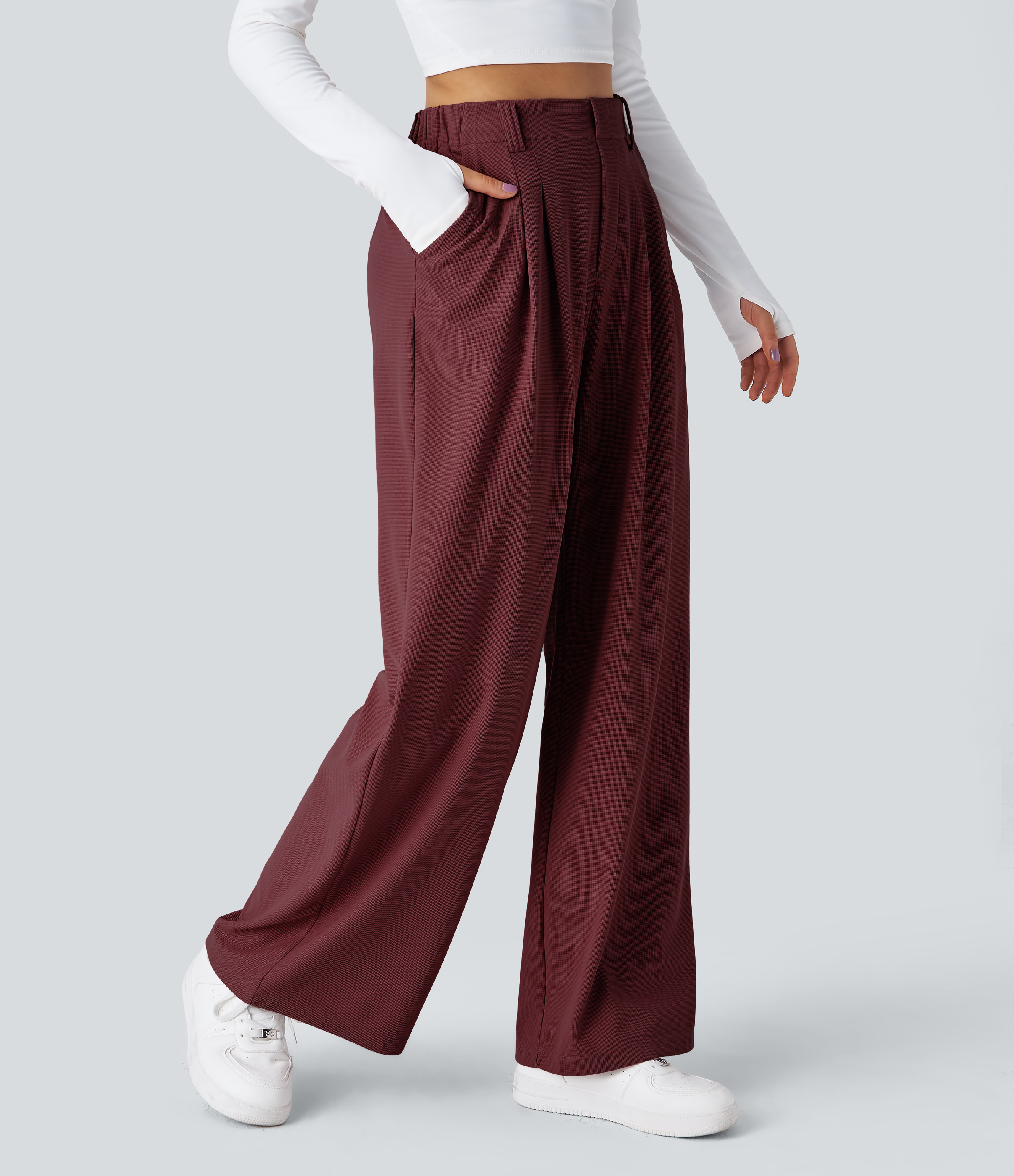 New Maroon High-Waisted Pleated Wide-Leg Waffle Work Pants with Pockets - 1